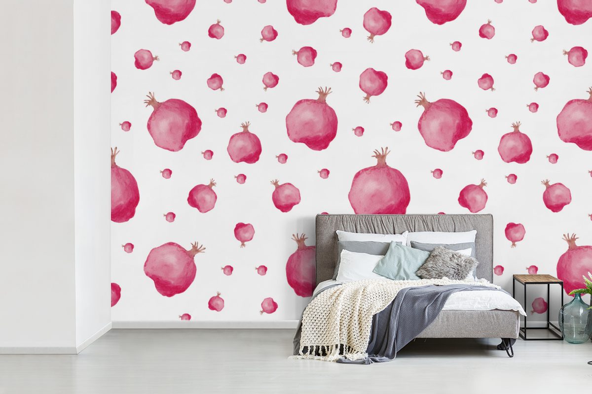 MuchoWow Fototapete St), bedruckt, Schlafzimmer, - Wohnzimmer, (6 - Aquarell, Kinderzimmer, Matt, Wallpaper - Schablonen Vinyl Granatapfel Rosa für Tapete