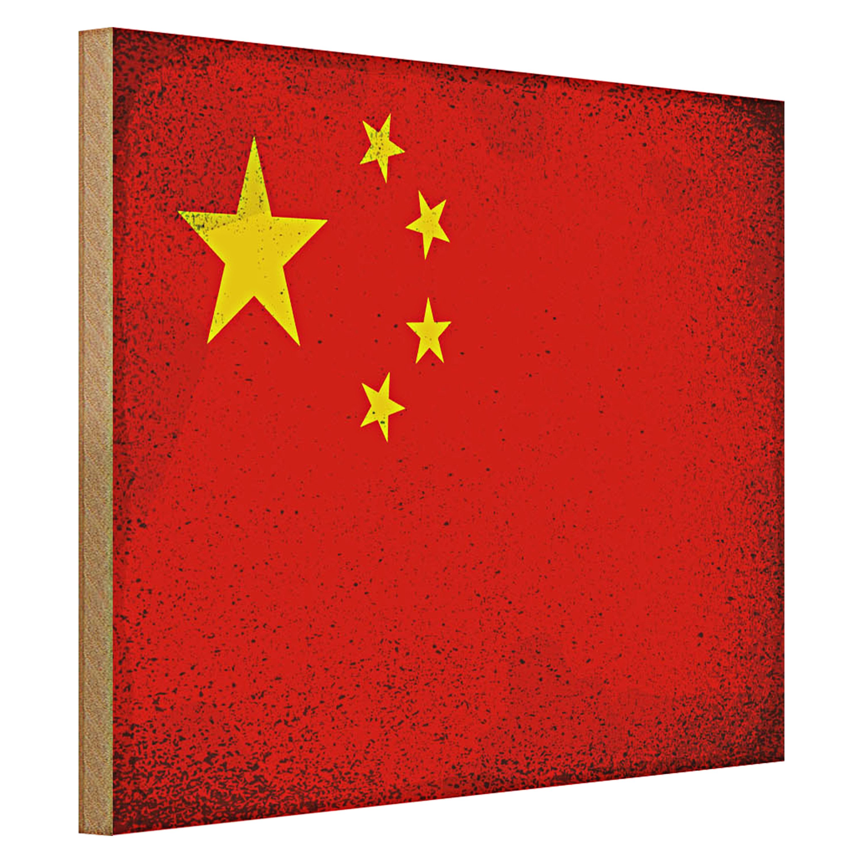Roomando Holzbild Flagge China 40x30cm Flag of China Vintage