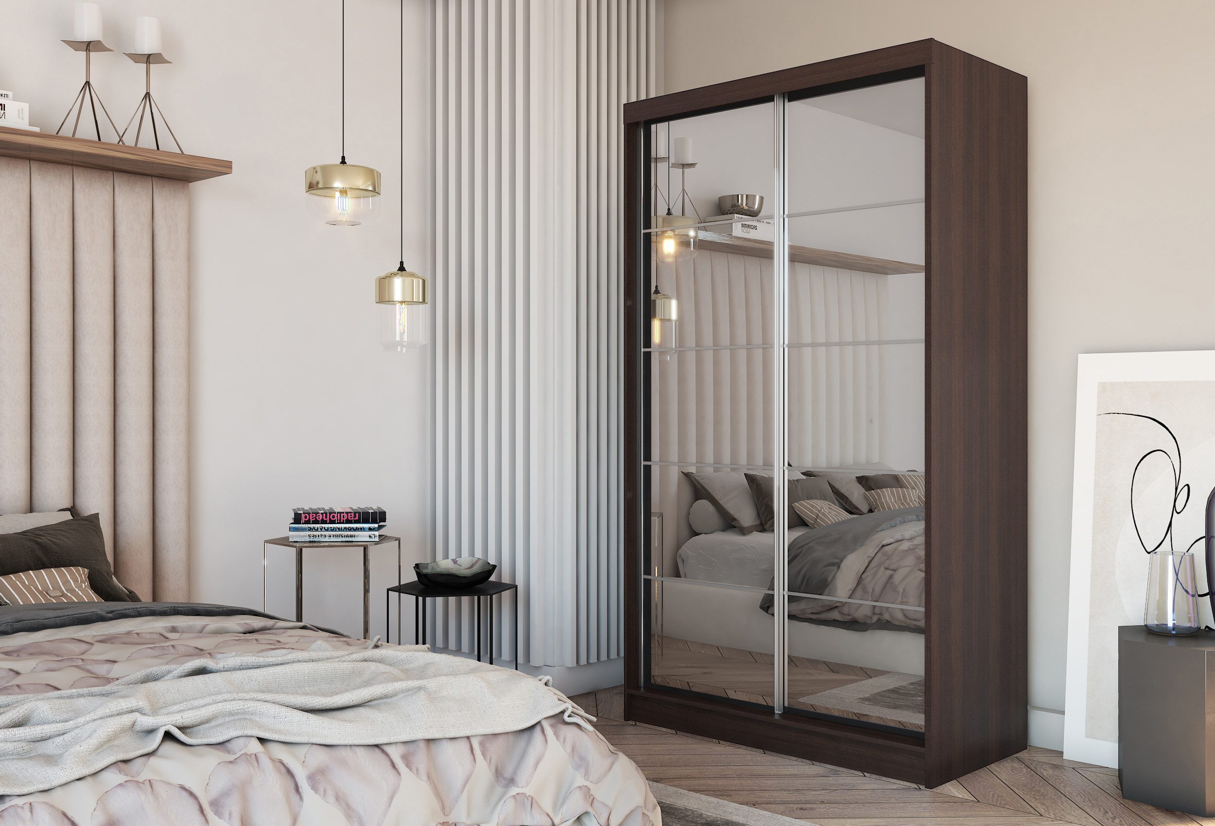 Masseno Schwebetürenschrank FIORELLA 120 cm Kleiderschrank mit Spiegel 2 Türen Wenge