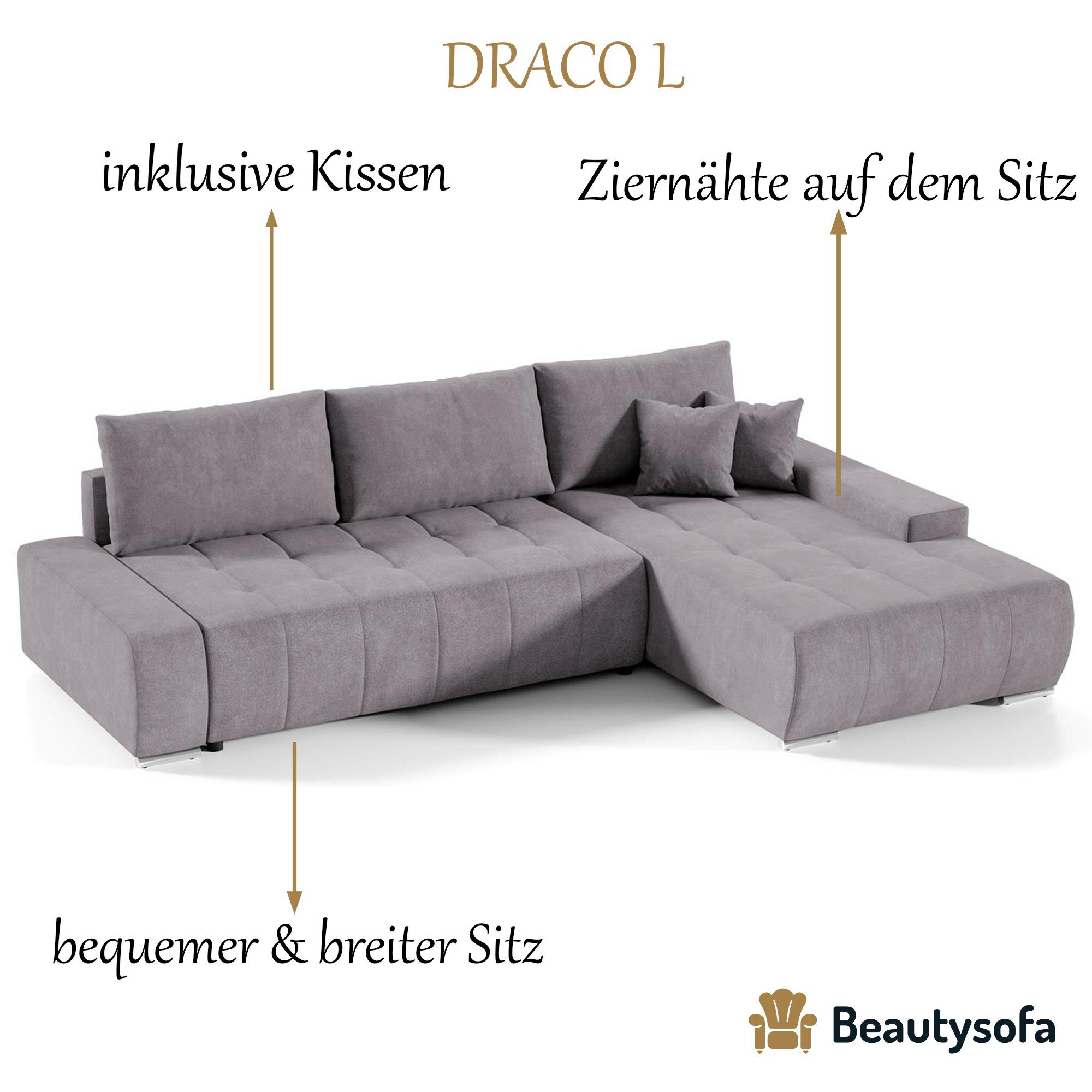 Beautysofa Ecksofa Schlaffunktion, DRACO 19) Ecksofa Couch (aston Sofa Bettkasten mit Wohnzimmer Rosa
