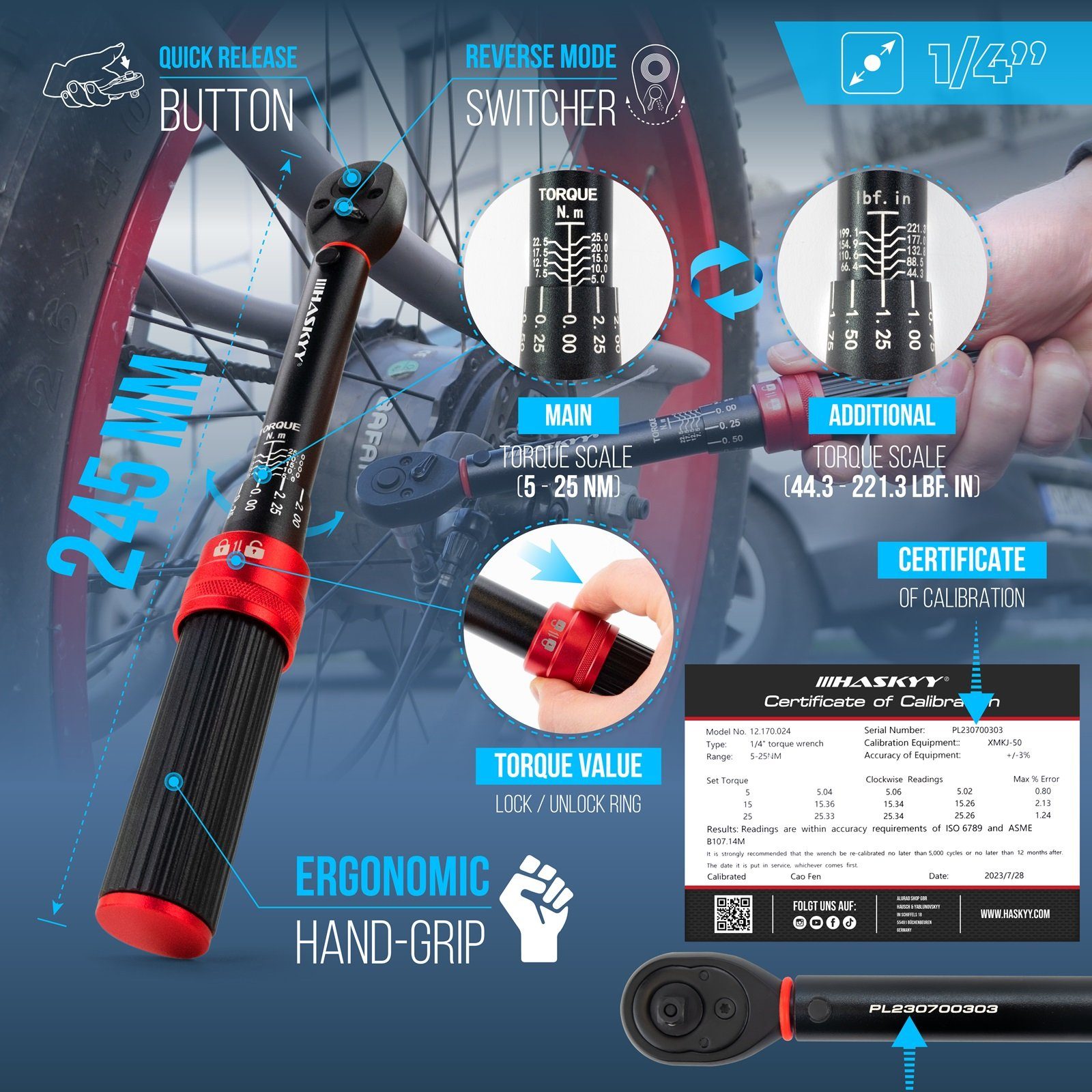HASKYY Drehmomentschlüssel Drehmomentschlüssel Set 1/4" 5-25Nm Fahrrad Motor mit Bits & Verlänger