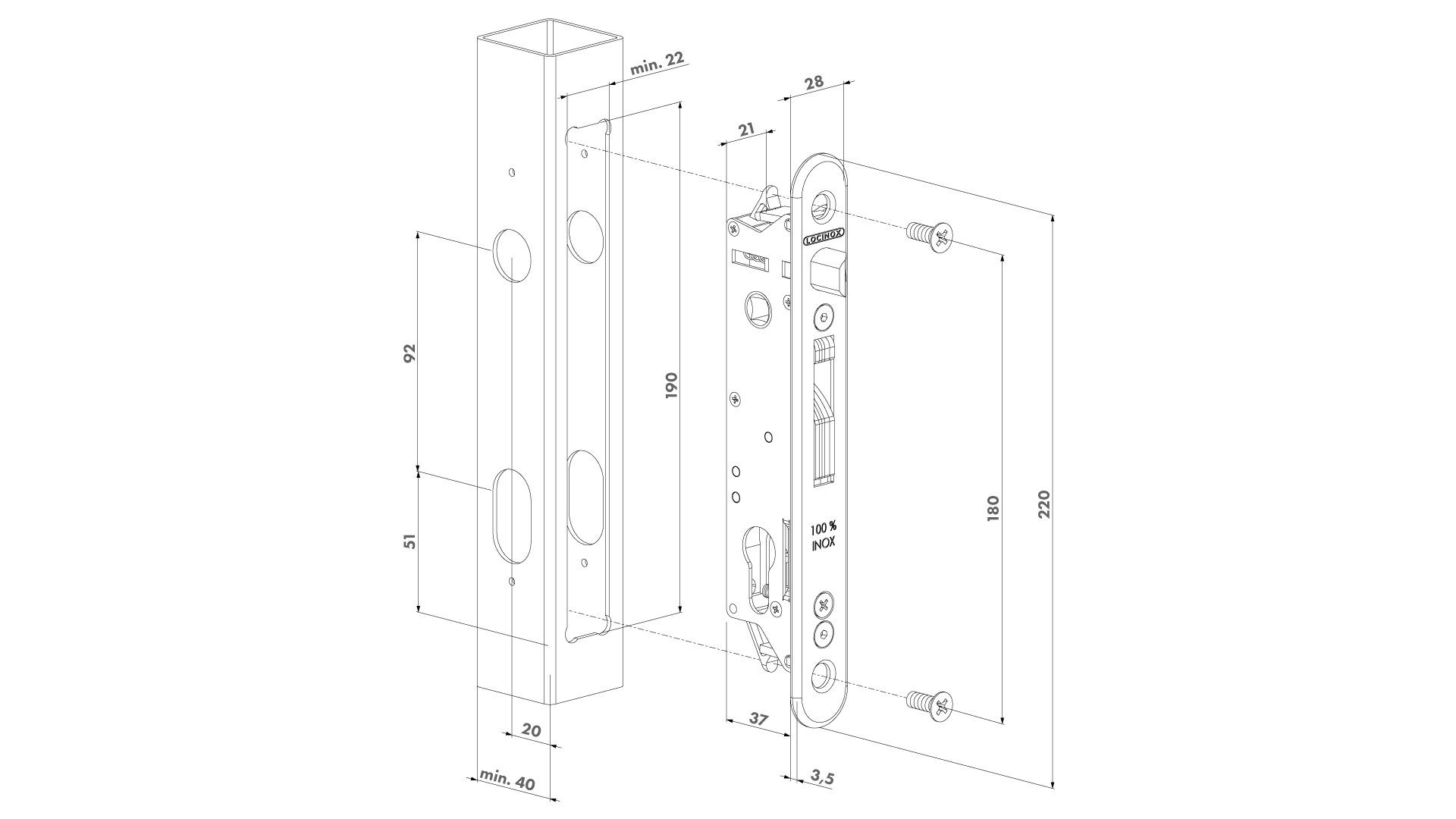 LOCINOX Einsteckschloss SET FORTYSET für 40mm Profile »Hakenschloss / Einsteckschloss«, Verschiedene Set-Varianten