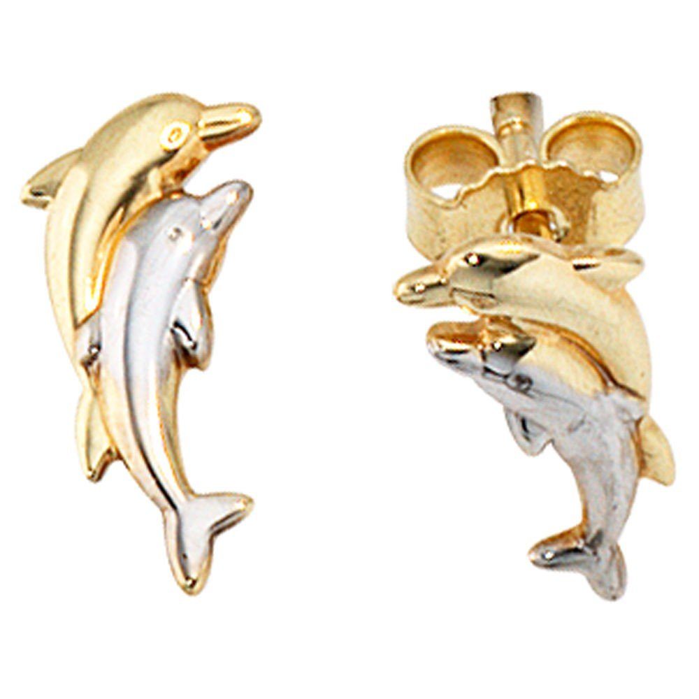 Schmuck Krone Paar Ohrstecker Ohrstecker Delfine aus 333 Gold Gelbgold rhodiniert bicolor Ohrringe für Damen, Gold 333