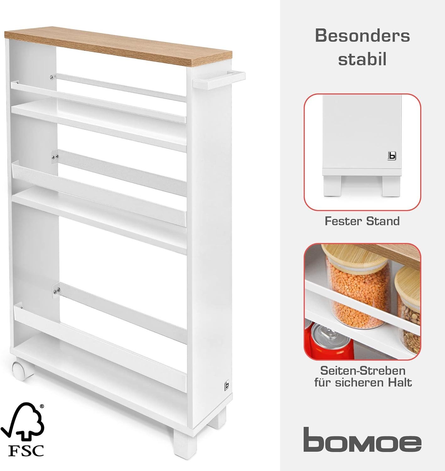 bomoe Küchenwagen Nischenregal 15cm breit Hylla, 79x50cm, Weiß & Eiche, Küchenwagen Küchenregal Schmal – Rollwagen 3 Fächer & Arbeitsplatz – Bild 3 von 5
