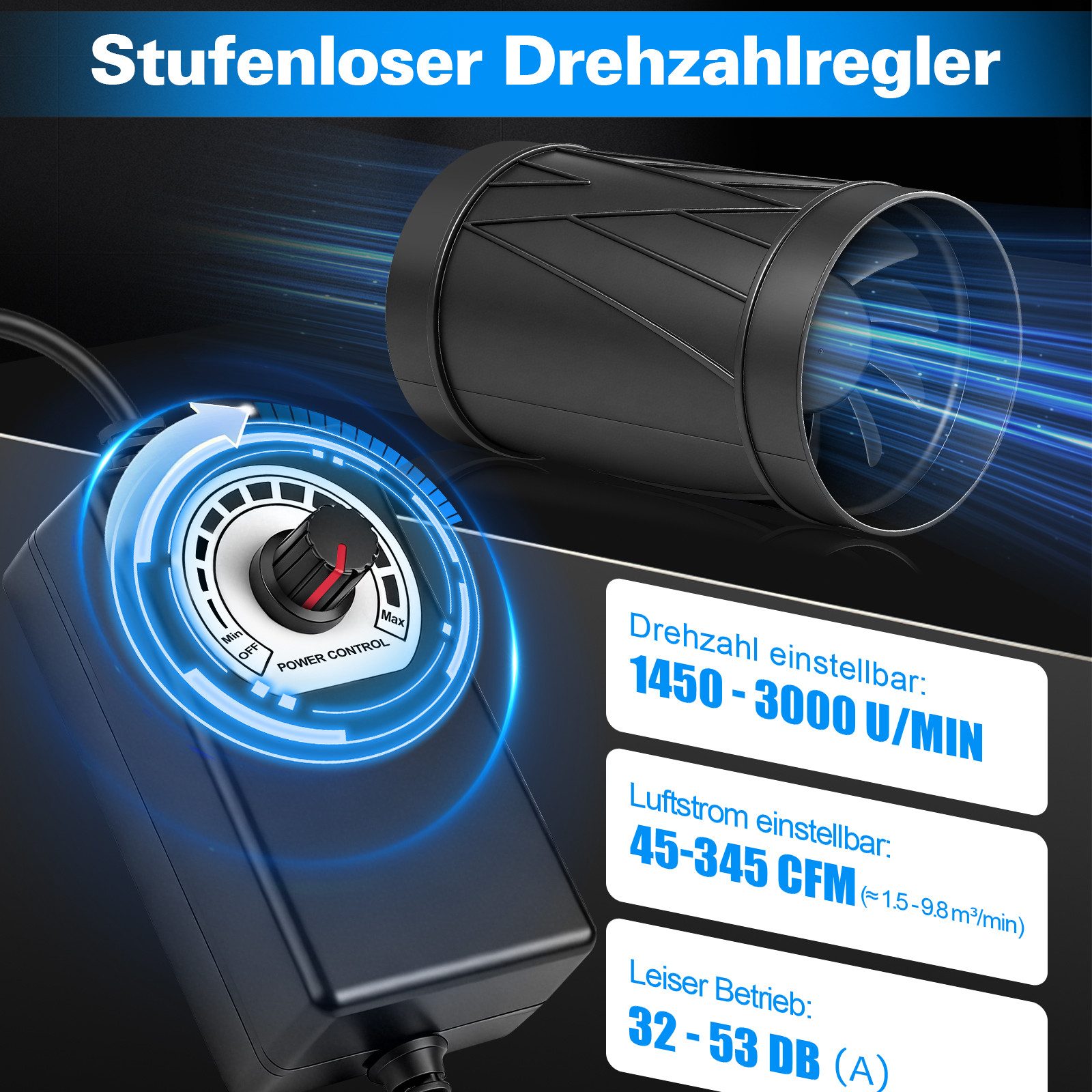 XERSEK Badlüfter 150mm Rohrlüfter Kanalventilator Regelbar Max.588 m³/h Rohrventilator, 1450–3000U/min 22W Rohr-Abluftlüfter für Haus Gewächshaus Gewerbe usw.