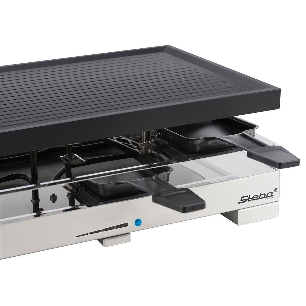 Steba Raclette Premium Guß-Raclette RC 68, 8 Raclettepfännchen, 1200,00 W, antihaftbeschichtete Grillplatte, für 8 Personen, Edelstahl, schwarz