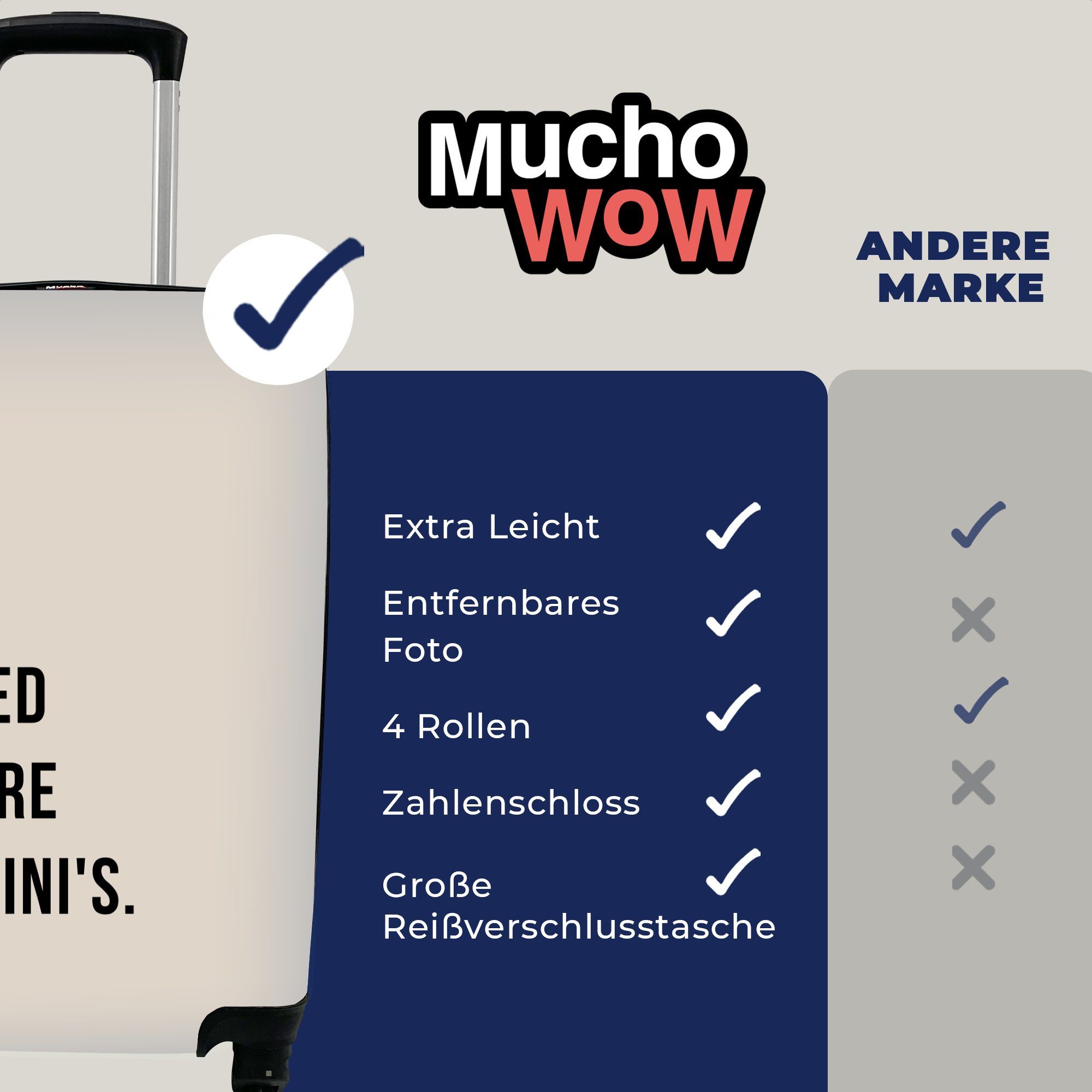 MuchoWow Handgepäckkoffer Ich brauche mehr Reisetasche Rollen, Reisekoffer rollen, Bikinis - 4 Trolley, - Zitat Ferien, Handgepäck Beige, mit für