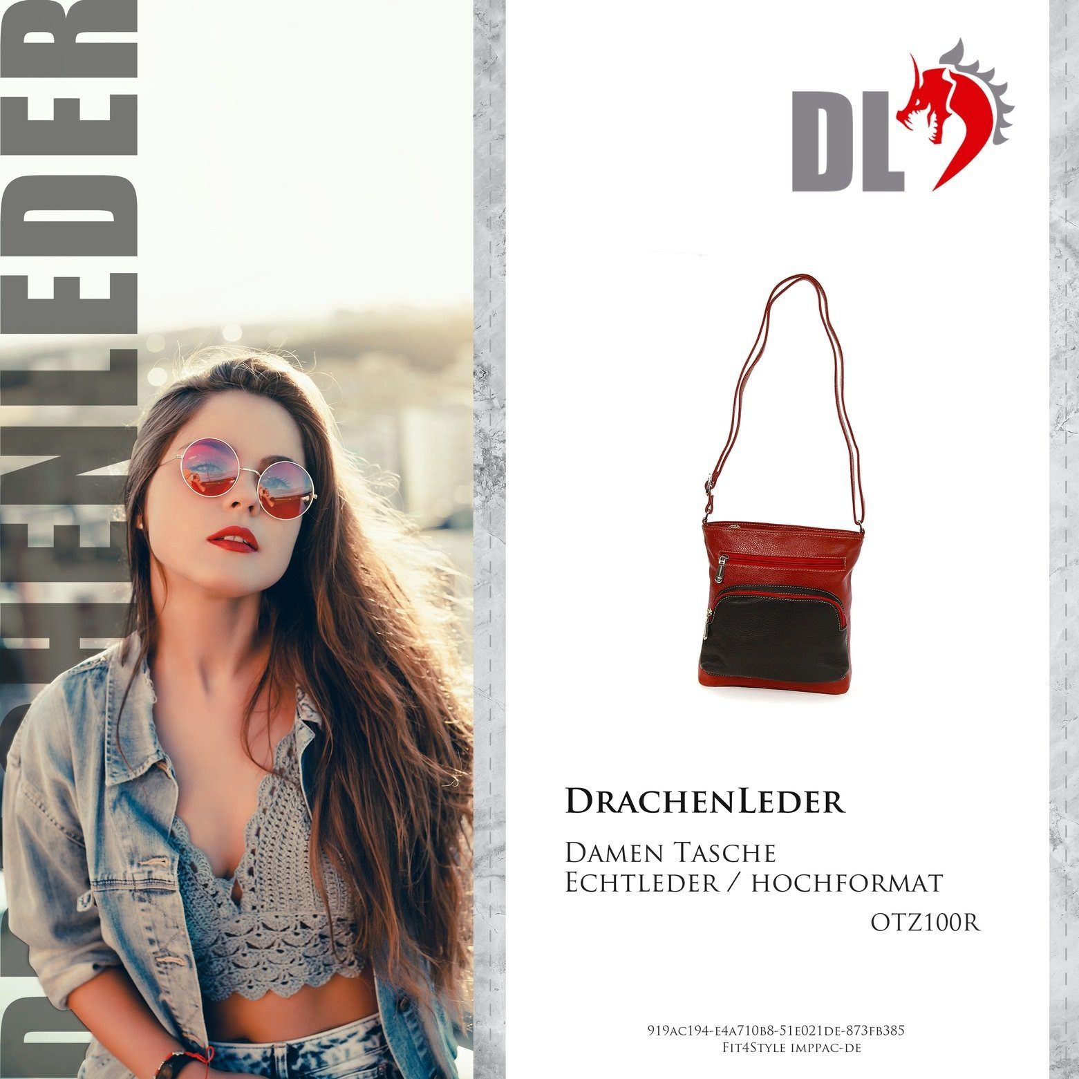 DrachenLeder Damen (Handtasche), braun Damen Handtasche OTZ900X Handtasche Tasche, DrachenLeder schwarz, Echtleder rot