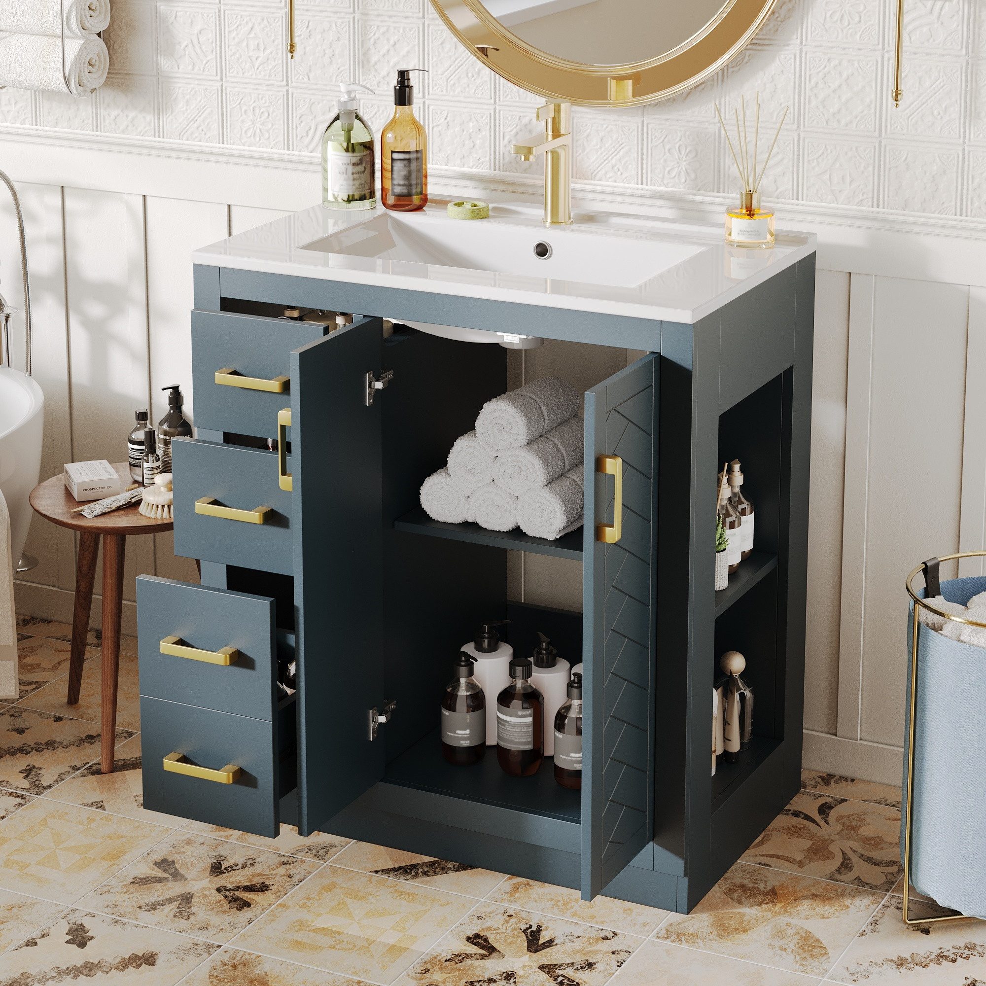 Flieks Waschtisch Waschbeckenunterschrank mit Keramikbecken (76,5×46,5×84,5 cm, 1-St., bodenstehend), Badezimmerschrank Badmöbel-Set mit 3 Schubladen und seitlicher Ablagen