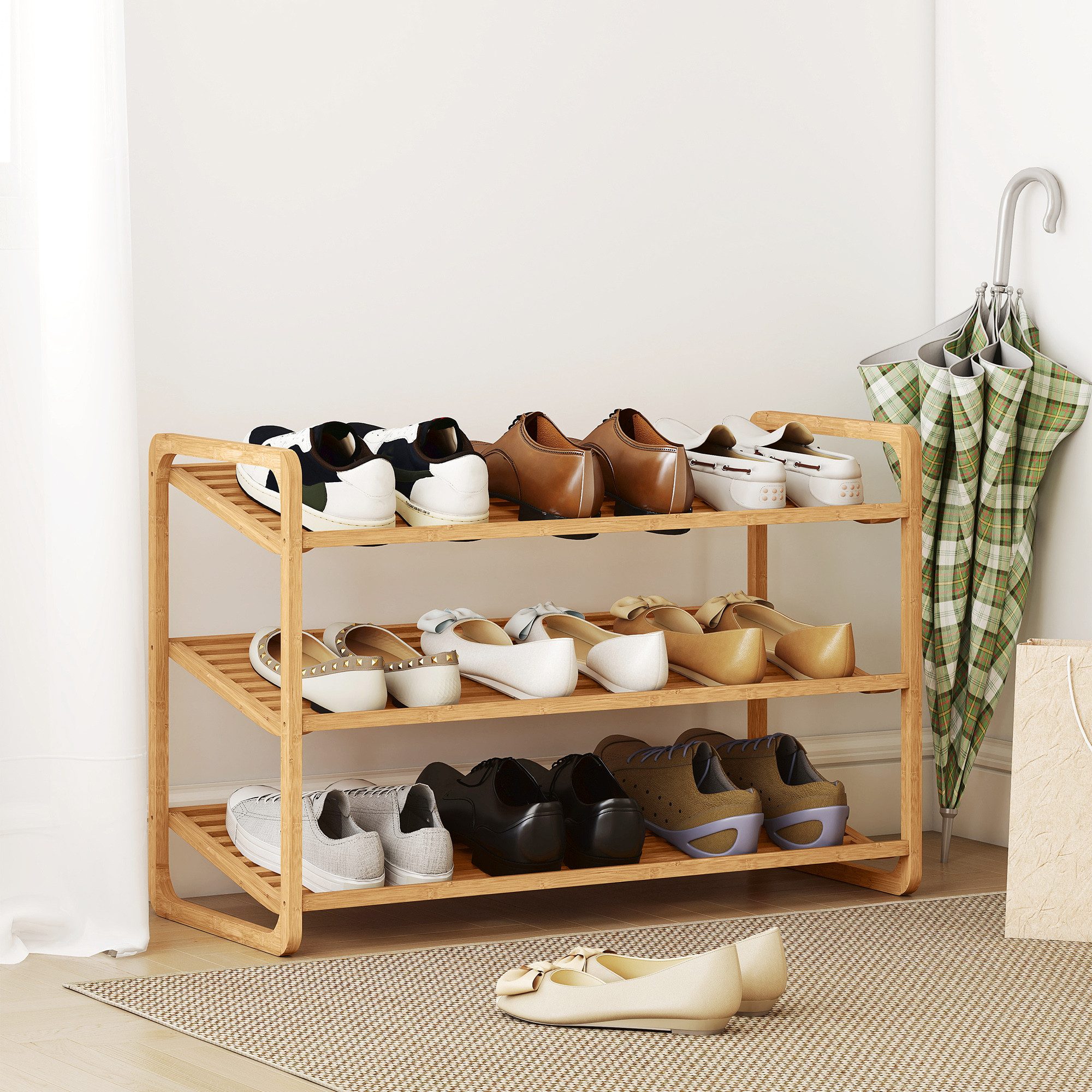 HOMCOM Standregal 3-stöckiges Schuhregal aus Bambus, freistehendes Aufbewahrungsregal für 12 Paar Schuhe 1-tlg., Schuhregalständer für Flur, Wohnzimmer, 76 x 33 – Bild 2 von 5
