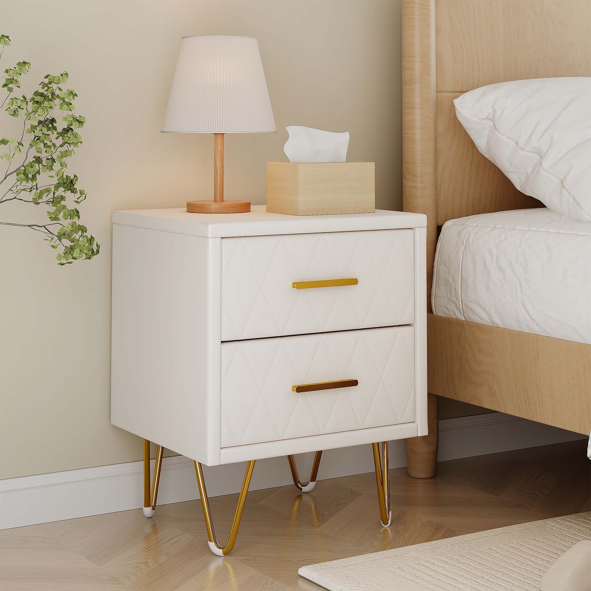 PXloue Nachttisch Modernes Nachttisch mit Goldenen Akzenten, Eleganter, gepolsterter Nachttisch mit 2 Schubladen und Metallbeinen