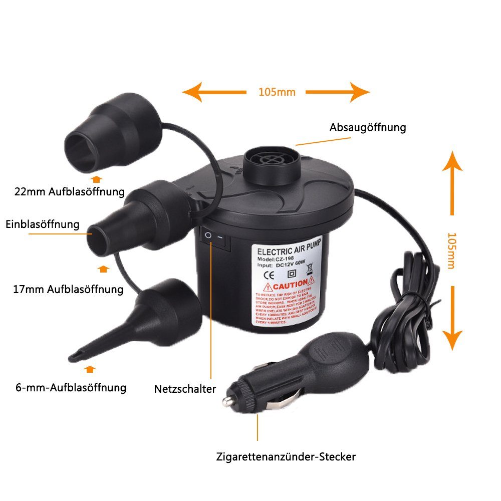 GelldG Luftpumpe Elektrische Luftpumpe für Luftmatratze mit 3 Luftdüse