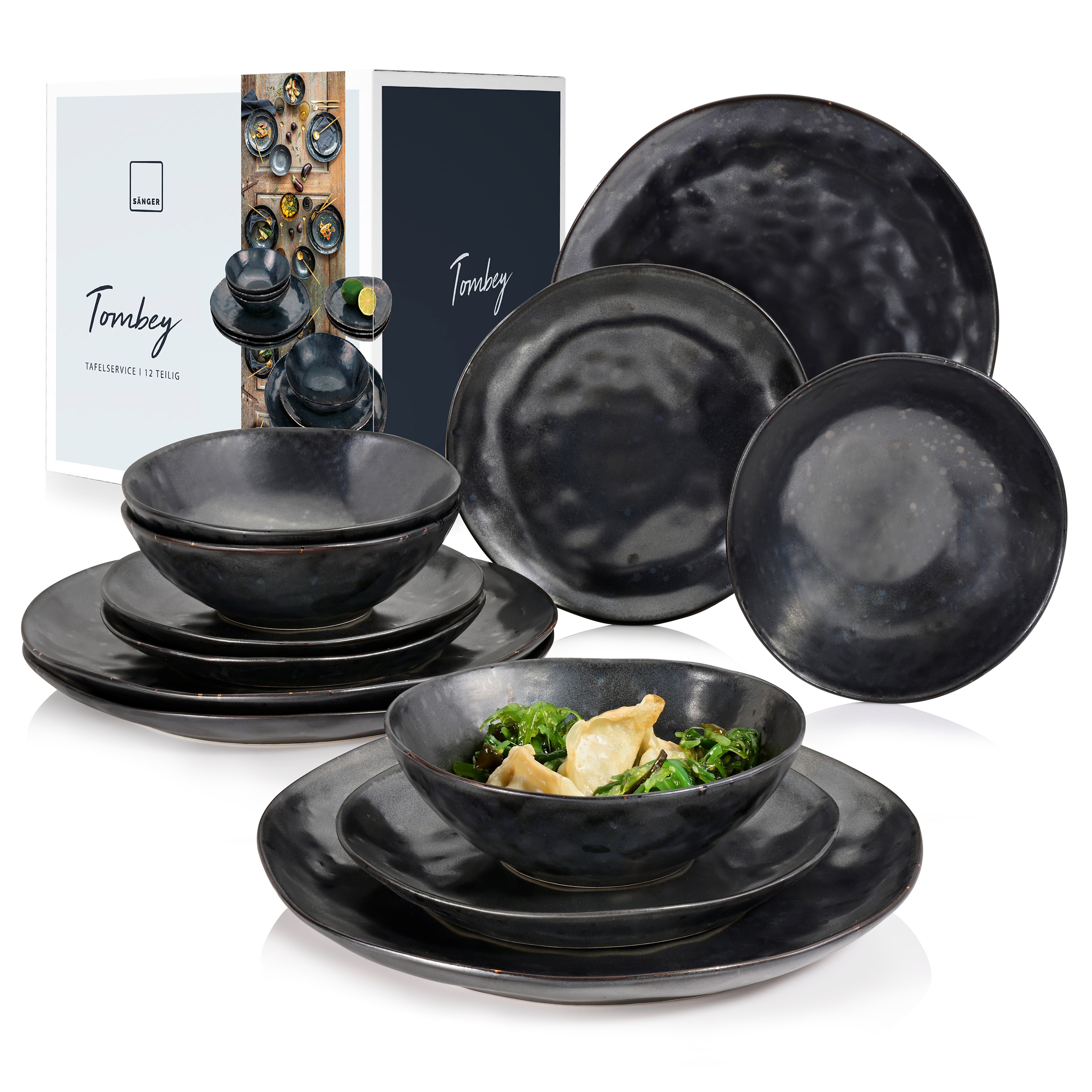 SÄNGER Tafelservice Tombey Geschirrset, Metallic Grau mit schwarzen Akzenten (12-tlg), 4 Personen, Steingut, Handmade, Premium Collection
