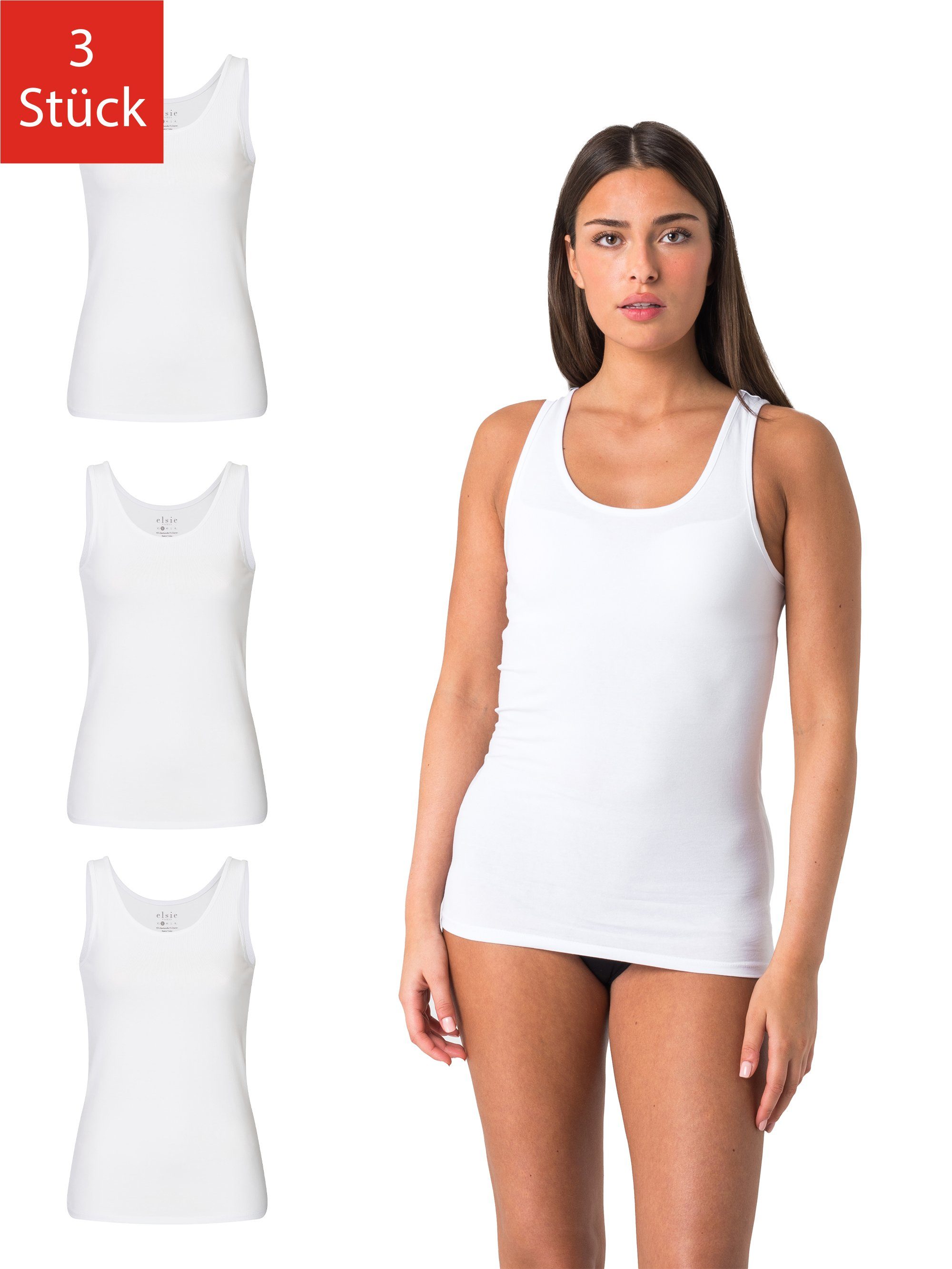 Elsie Unterhemd Tank Top - Tanktop aus 95% Baumwolle mit Stretch in Weiss und Schwarz (Packung, 3-St., 3er-Pack) Basic Top für Frauen extra lang Tops