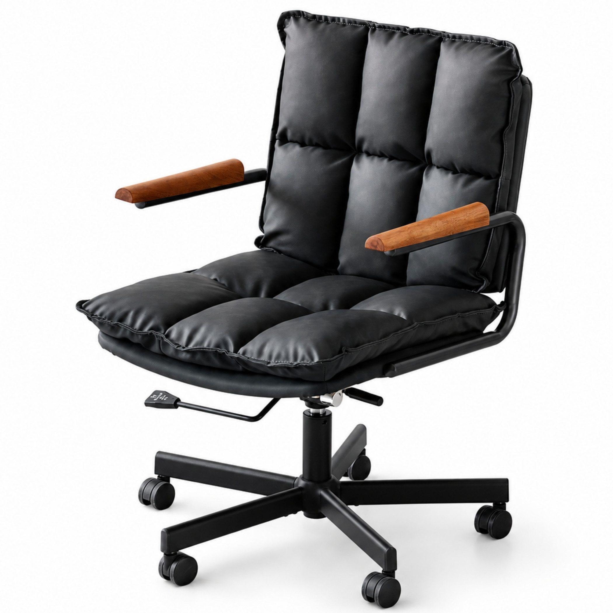 SeedWave Bürostuhl Höhenverstellbarer Drehstuhl mit Eichenholz-Armlehnen, 136kg belastbar, Industrial Design, Kunstleder Schreibtischstuhl mit Wippfunktion