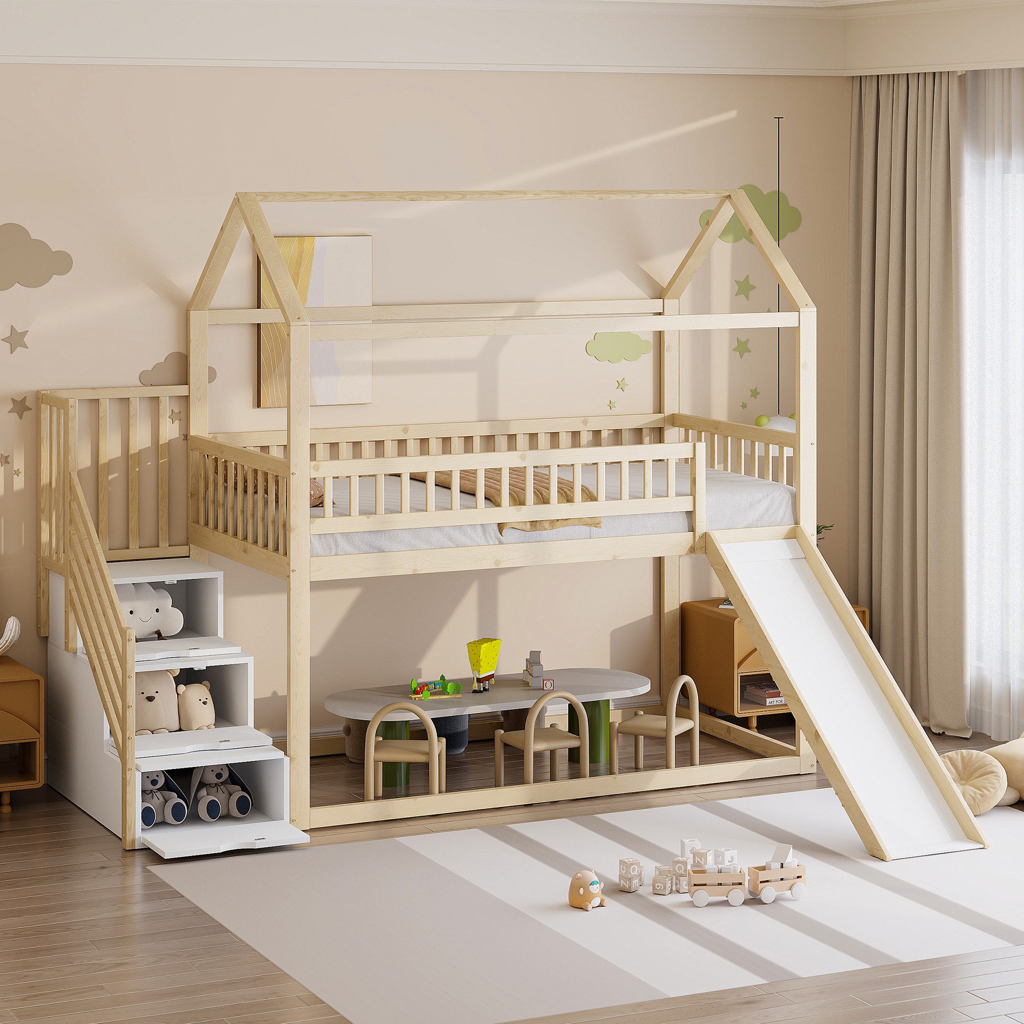 Merax Hochbett (1-St., Stockbett Jugendbett Massivholzbett Hausbett) Massiv Kinderbett 90x200cm mit Rutsche Stauraumleiter Sicherheitszaun