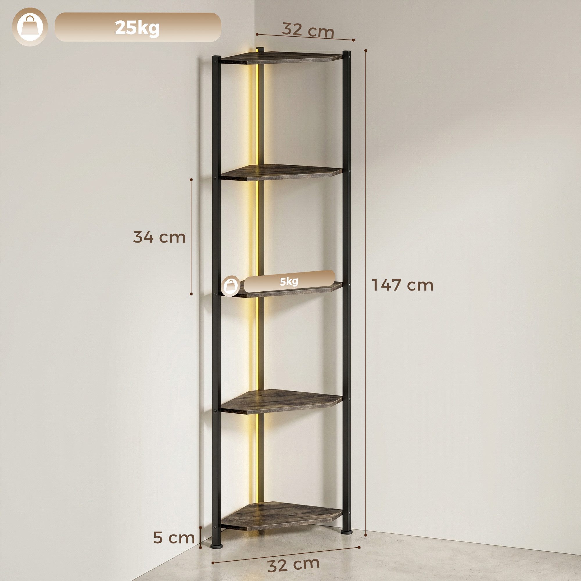 HOMCOM Bücherregal Regal 5 Ebenen Aufbewahrungsregal mit Metallrahmen Rustikal-Braun, Eckregal 2-tlg., LED-Beleuchtung, Eckregal, platzsparend