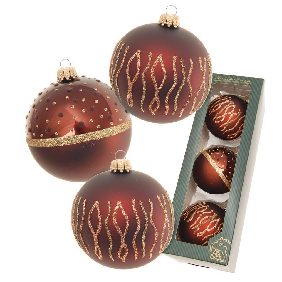 Krebs Glas Lauscha Christbaumschmuck Africa Xmas Braun Satin, 3er Set,  Glitzerstreifen gold, braun glanz/ma (3-tlg)