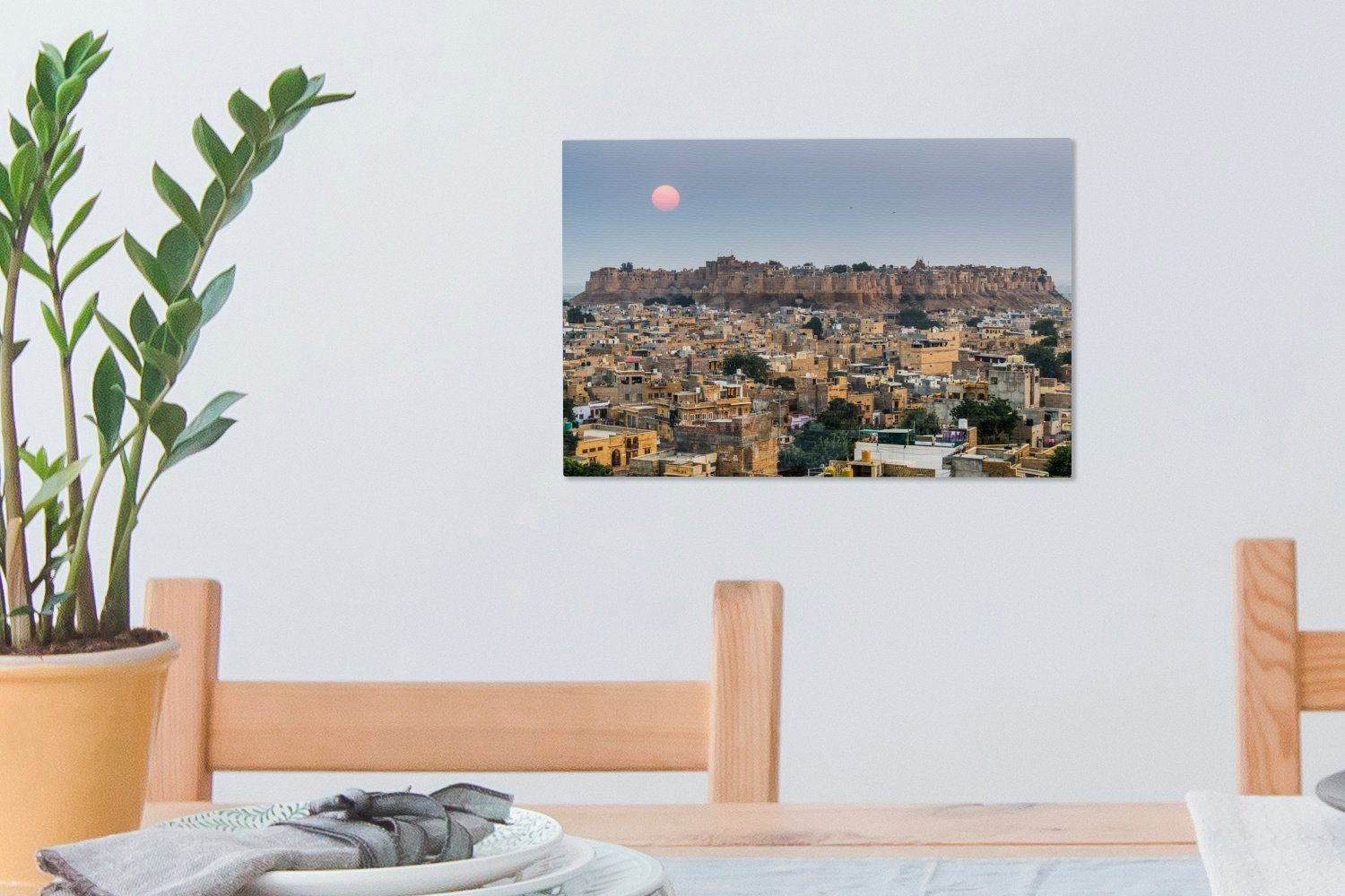 Wandbild cm Mond der St), Abend, am in 30x20 dem Leinwandbilder, Leinwandbild OneMillionCanvasses® Aufhängefertig, über Fort Indien, (1 Jaisalmer Wanddeko, schwebt
