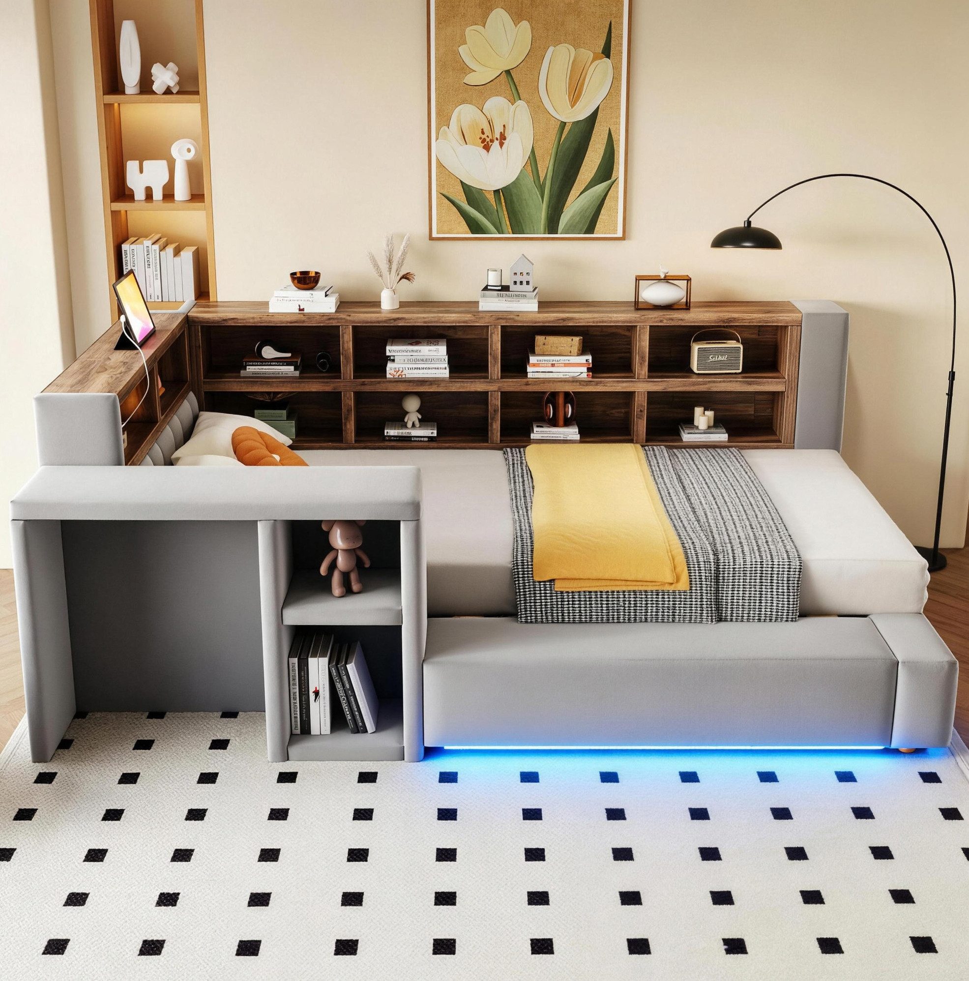 MODFU Polsterbett Daybett mit Kopfteil-Stauraum und Beleuchtung 90x200 cm (Stauraumbett mit LED-Funktion, Steckdosen, Ablageflächen und komfortabler Rückenlehne, Tagesbett Funktionsbett), ohne Matratze