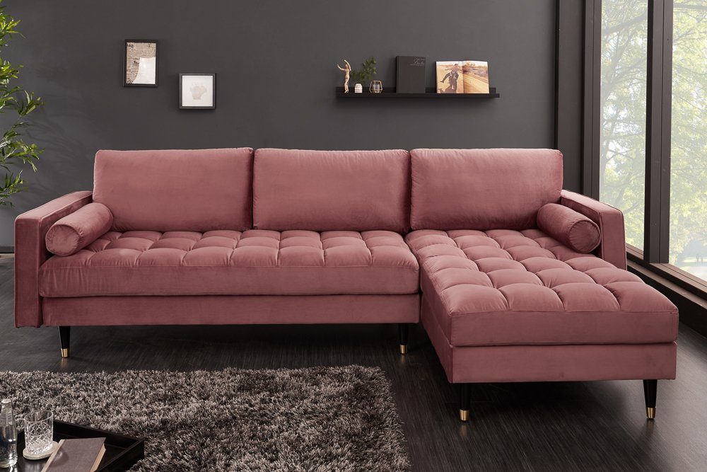 Couch VELVET COZY Ecksofa 260cm · · Kissen 1 schwarz / Samt Teile, Wohnzimmer Einzelartikel L-Form altrosa · gold, Federkern riess-ambiente · · inkl. Barock
