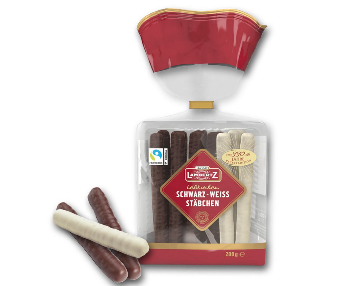 Lambertz Süßigkeit, Lambertz Lebkuchen Stäbchen überzogen in Schwarz und Weiß 200g