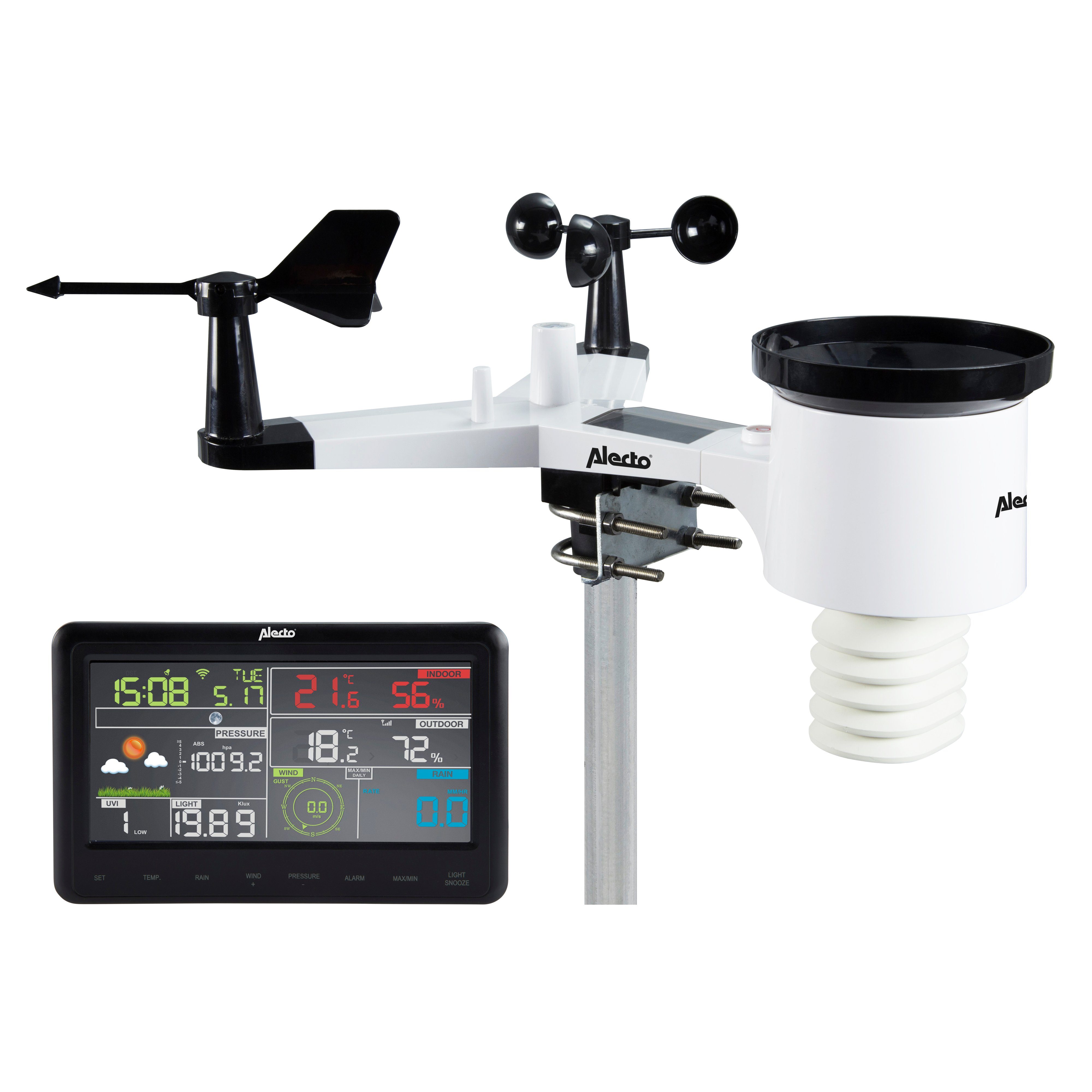 Alecto WS-5500 Wetterstation (Professionelle WiFi-Wetterstation Drahtloser Außensensor Adapter Tischständer Montagematerial Handbuch NL / FR / DE / EN Universal-Handbuch, Wi-Fi, solar-powered Außensensor, Echtzeitdaten per App, Wetteranalyse)