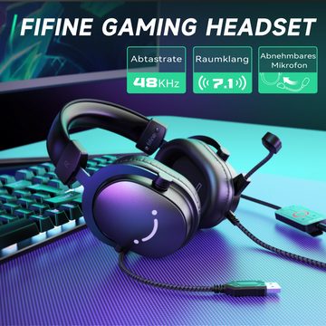 FIFINE Mikrofon Gaming Headset mit Mikrofon, Over Ear Kopfhörer mit Kabel, USB Headset für PC PS4 PS5 Xbox Switch, RGB Headphone