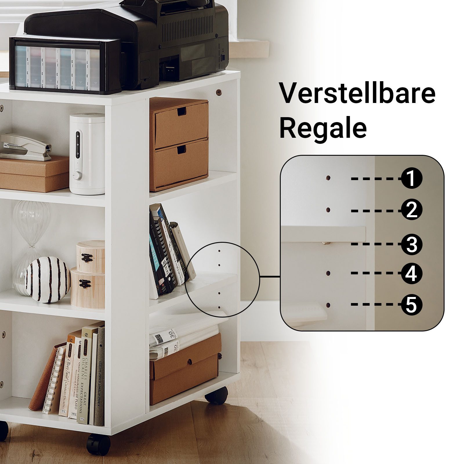 SoBuy Druckertisch FBT68, Druckerschrank mit Rollen, Beistelltisch für Büro & Homeoffice, mit 7 Ablagen Rollcontainer Bürowagen Beistellwagen Aktenwagen – Bild 4 von 5