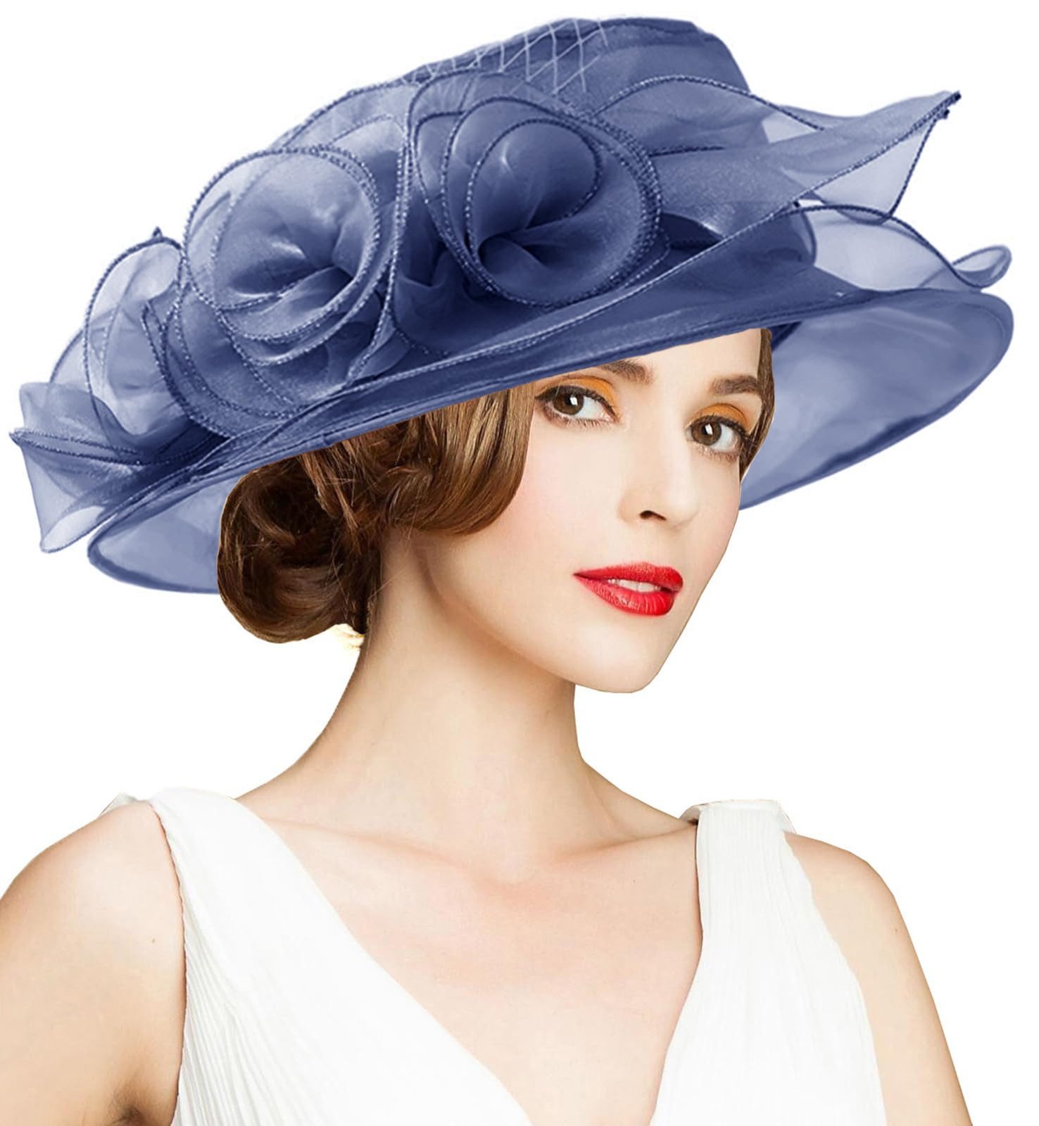 Bwecuy Sonnenhut Damenhut mit breiter Krempe, Blumen- und Blattdekor ideal für Hochzeit, Kirche und Tea Party
