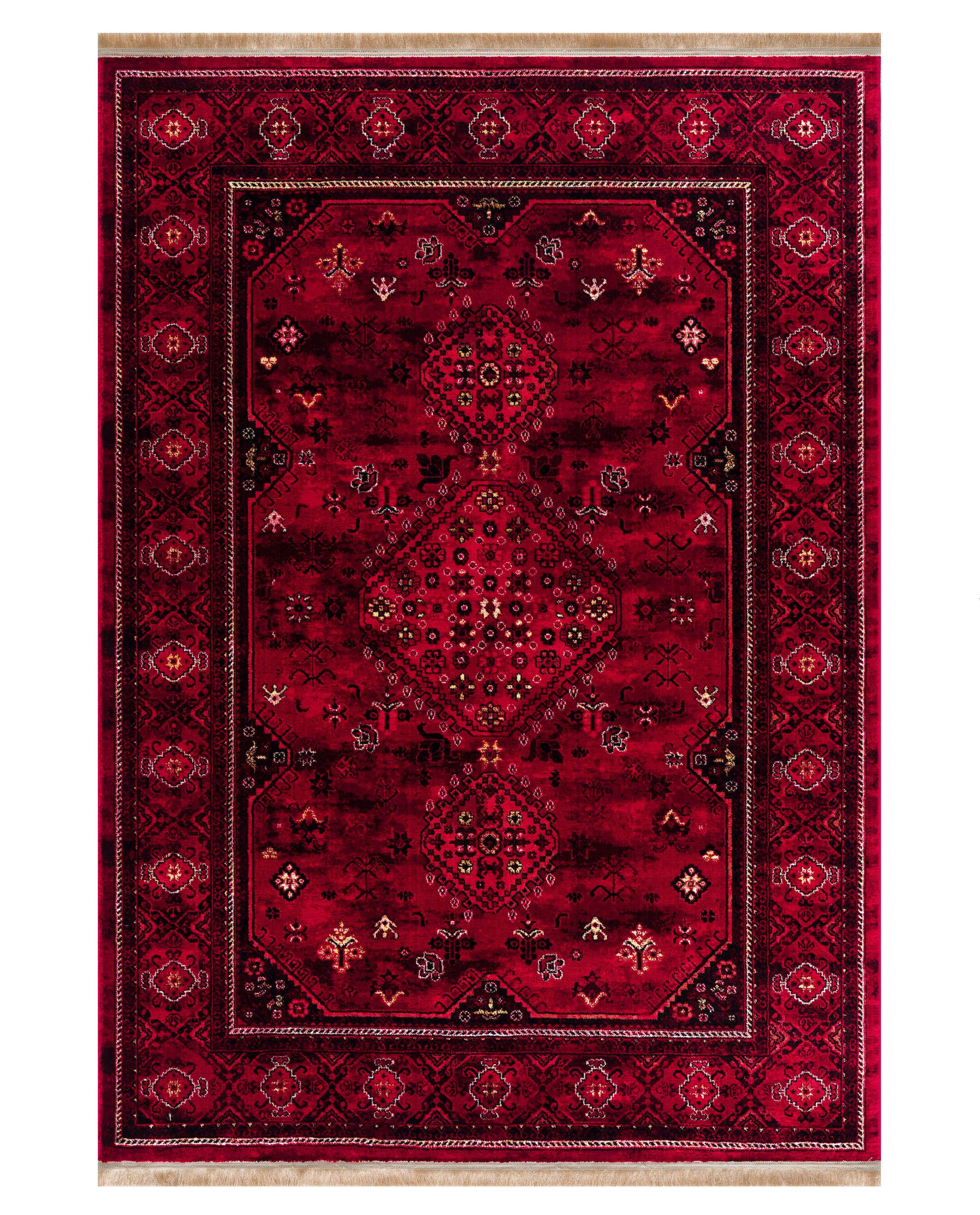 Vimoda Orientteppich ROYAL, in modern Rot mit eleganten Fransen luxuriös, ca. 2500 g/m², rechteckig, Höhe: 10 mm, weich, pflegeleicht, orientalisches Muster, für Wohnzimmer & Flur