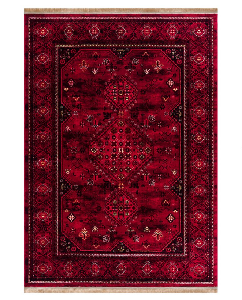 Vimoda Orientteppich ROYAL, in modern Rot mit eleganten Fransen luxuriös, ca. 2500 g/m², rechteckig, Höhe: 10 mm, weich, pflegeleicht, orientalisches Muster, für Wohnzimmer & Flur