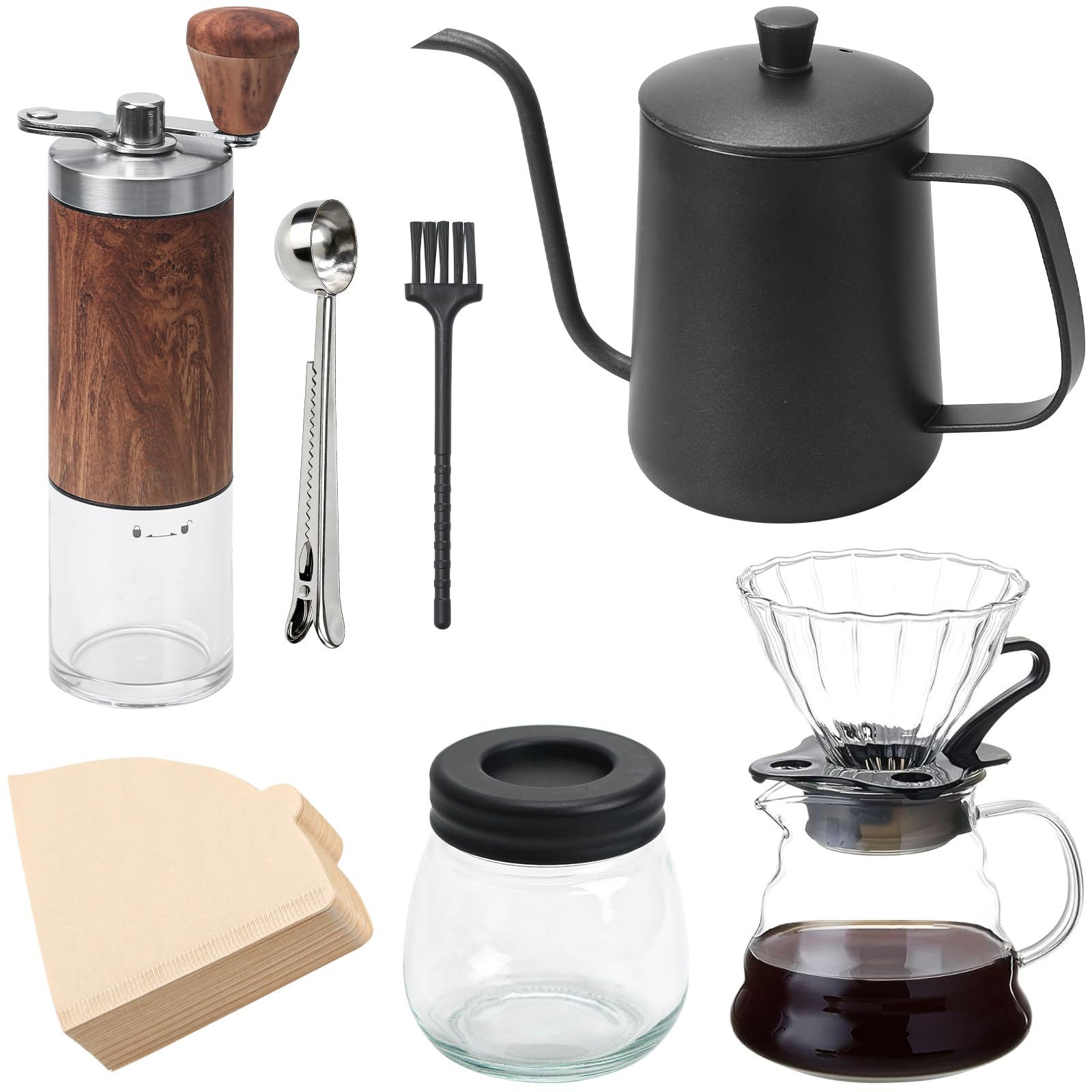 Kityhome Kaffeebereiter Handkaffeebereiter-Set 7-teilig, Mühle, 600ml, 100 Filter, 0,6l Kaffeekanne, Kaffeebereiter für Kaffeeliebhaber,ideales Geschenk