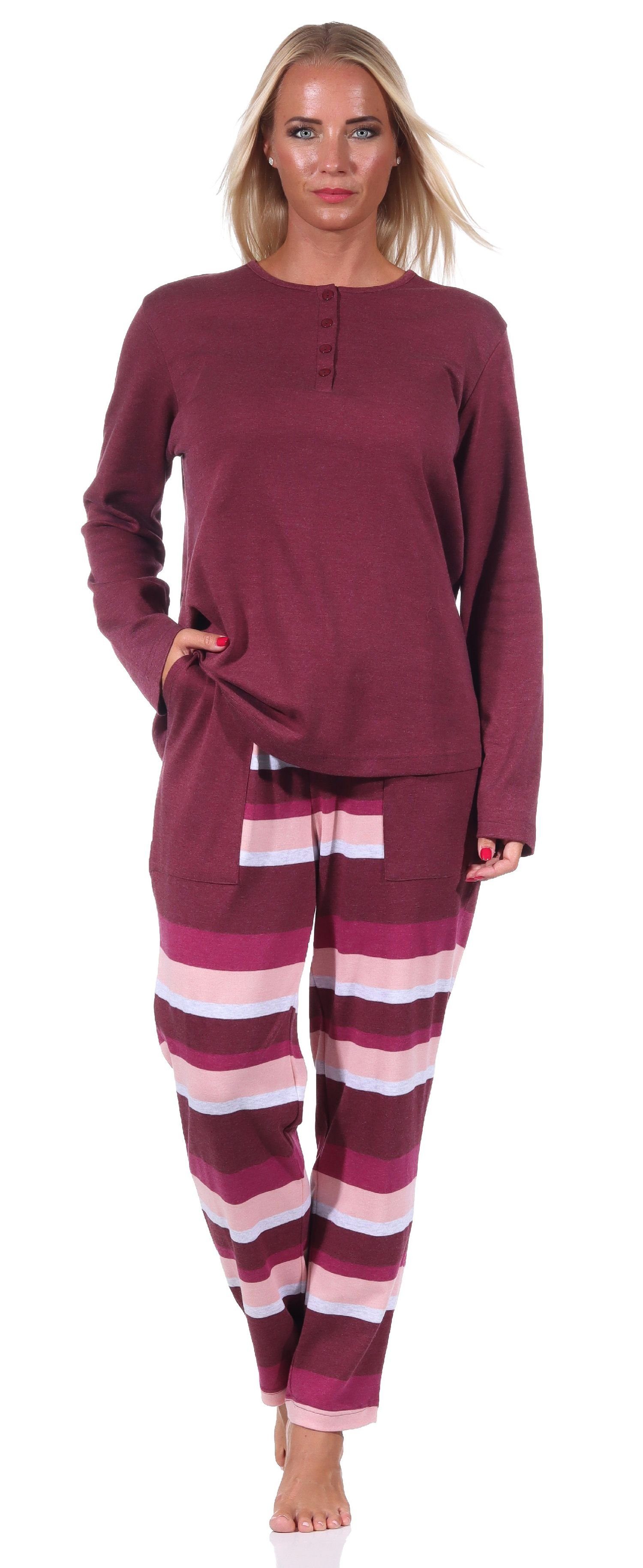 Normann Pyjama Damen Schlafanzug mit in gestreifter Interlock Qualität Hose Kuschel rosa