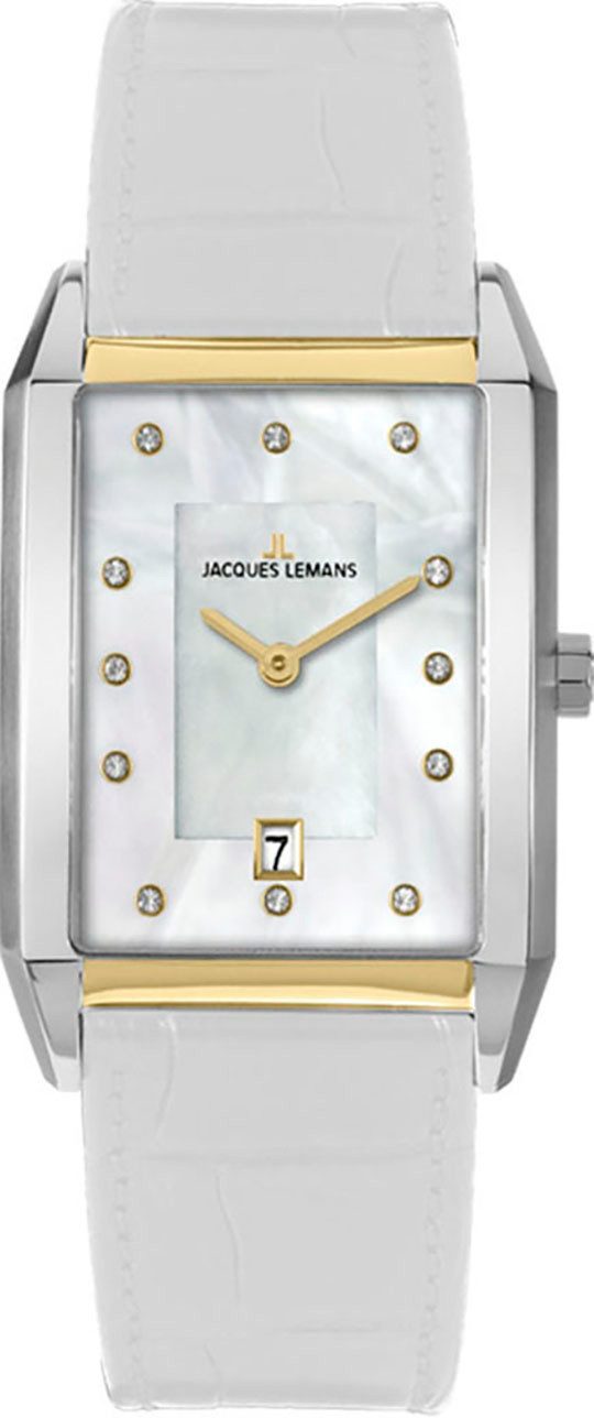 Jacques Lemans Quarzuhr Torino 1-2159H, Armbanduhr,Damenuhr,Lederarmband,Perlmutt,Tag,Glaskristalle,bicolor