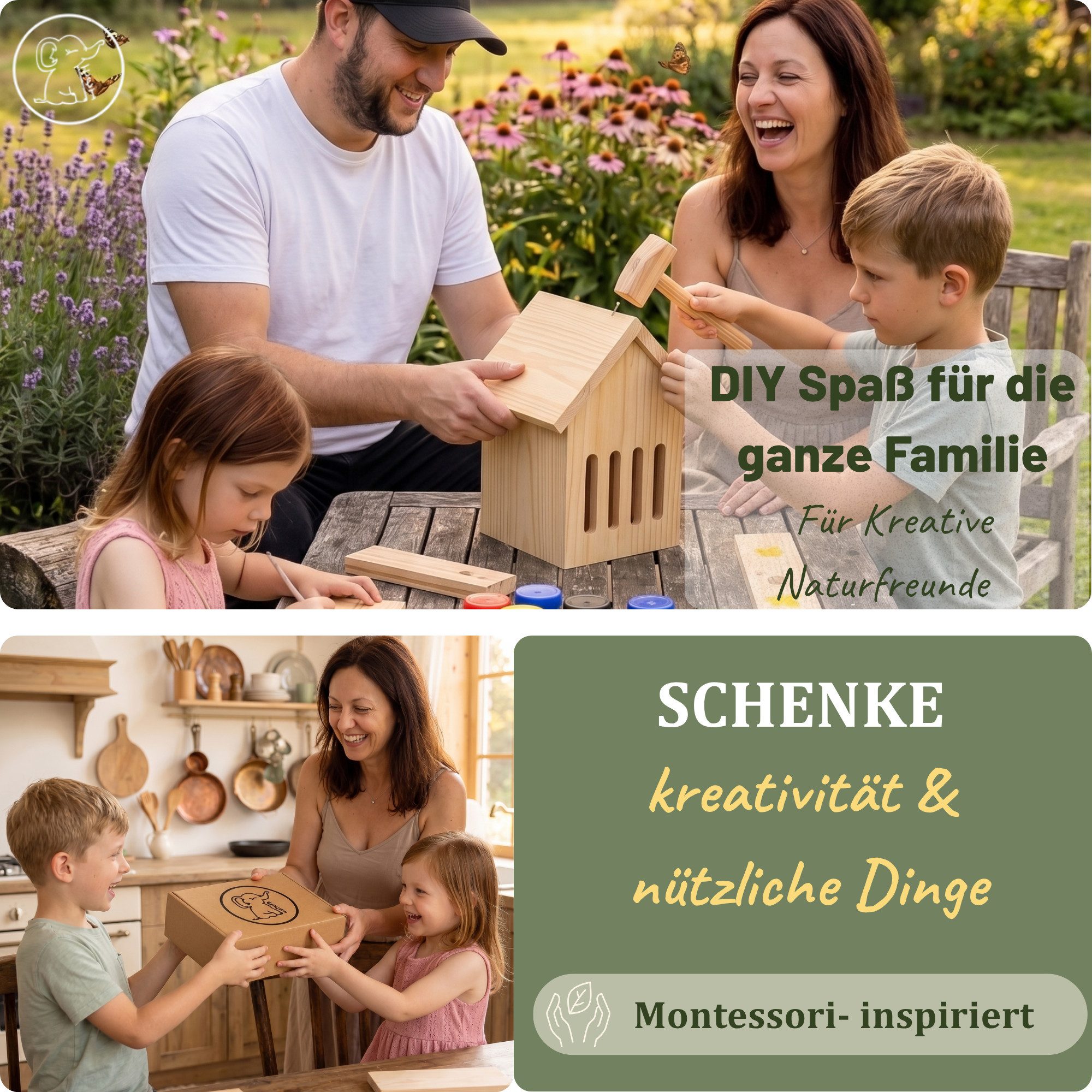Eli Insektenhotel Schmetterlingshaus Bausatz für Kinder aus Kiefernholz zum Bemalen, (inkl. 6 Farben - Pinsel - Hammer - Nägel, Schablonen & Vorlagen und Füllmaterial), DIY Schmetterlingshotel für Garten & Balkon