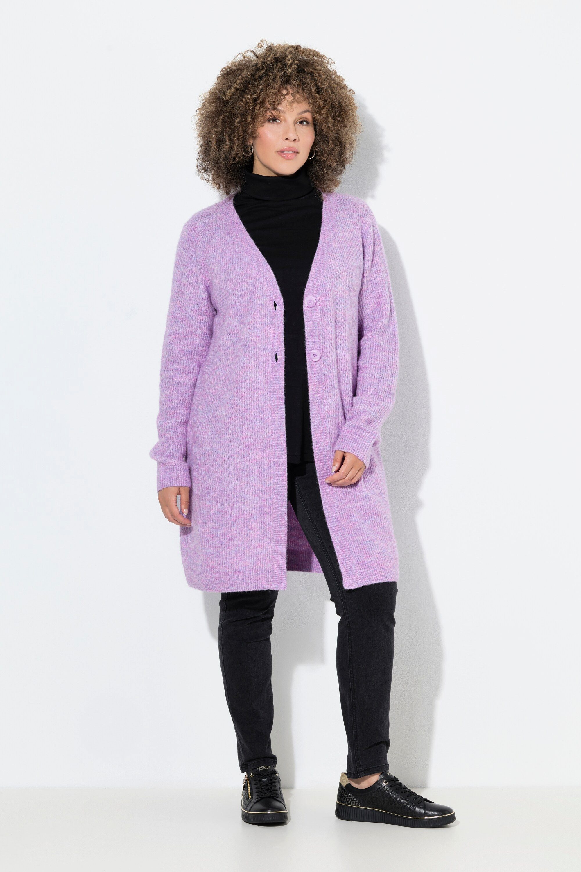 Ulla Popken Strickjacke Long-Strickjacke Rippstrick V-Ausschnitt Langarm günstig online kaufen