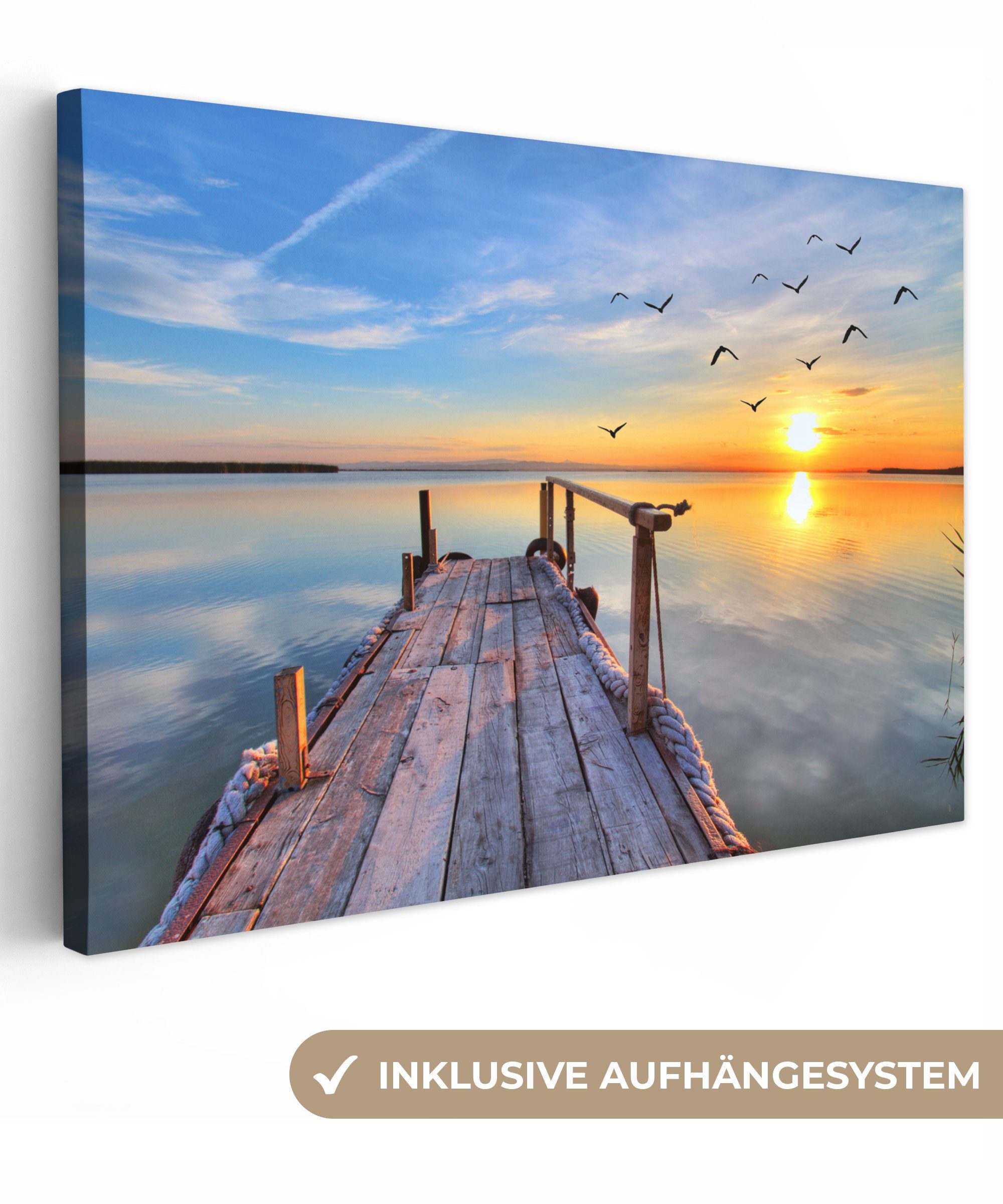 OneMillionCanvasses® Leinwandbild Wasser - Steg - Vögel - Sonnenuntergang - günstig online kaufen