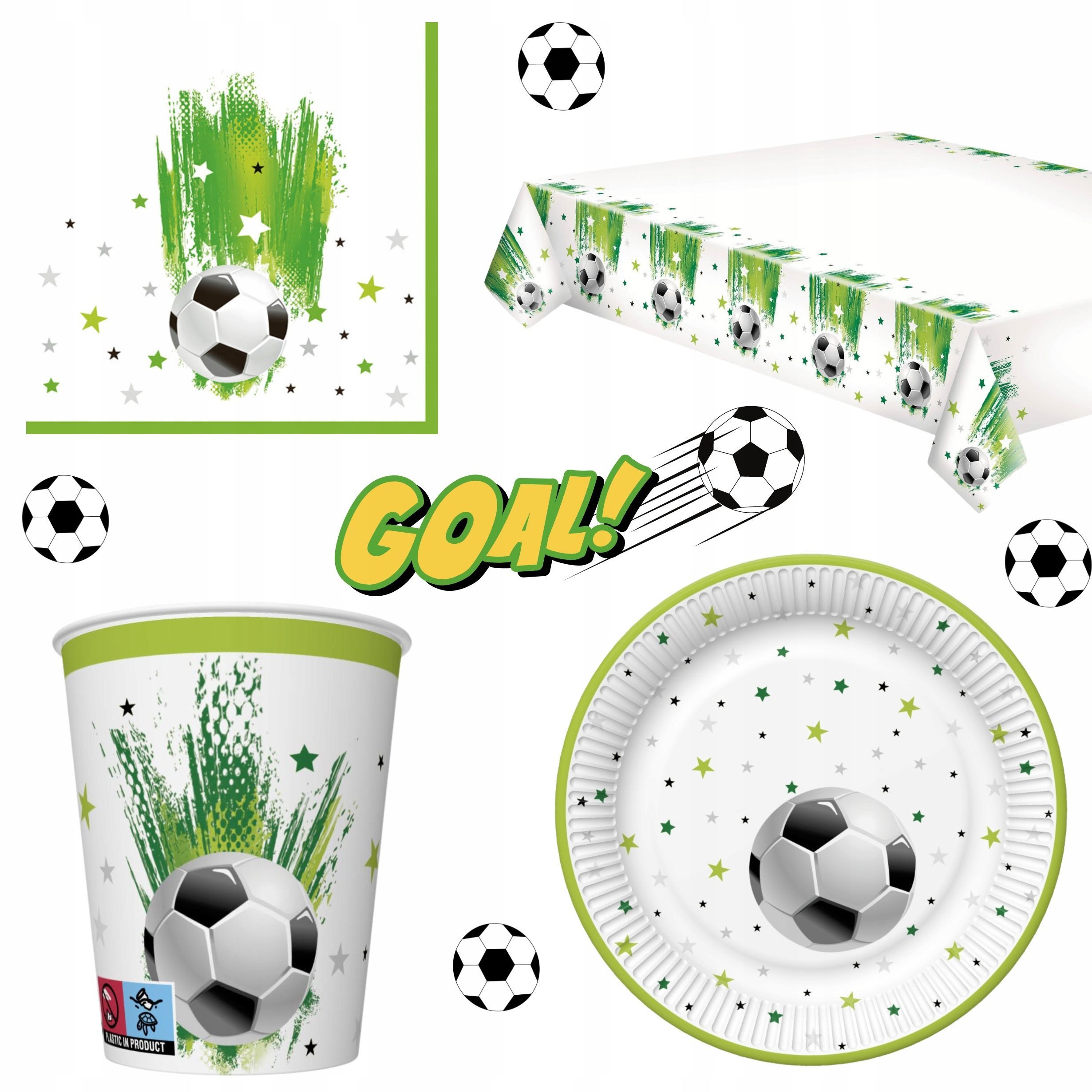 Festivalartikel Pappteller Geburtstagsset mit Fußballmotiv: Becher, Servietten, Teller