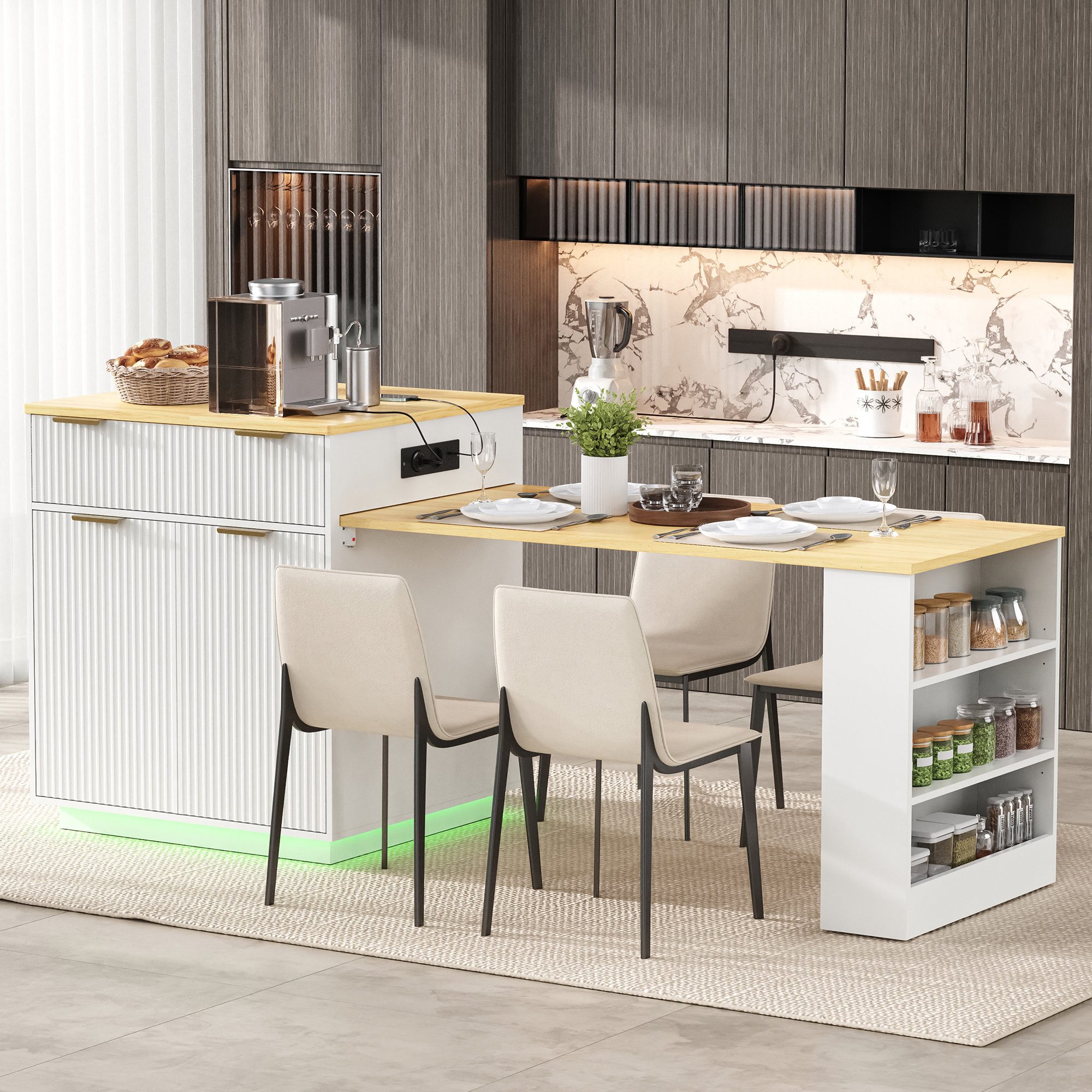 Odikalo Kücheninsel Küchenwagen Sideboard mit Ausziehbarer Esstisch LED Rollen Schubladen, (Buffetschrank mit LED-Beleuchtung und verstellbaren Regalböden Küchentisch mit Steckdosenleisten multifunktionale Ladestation (USB/Type-C)