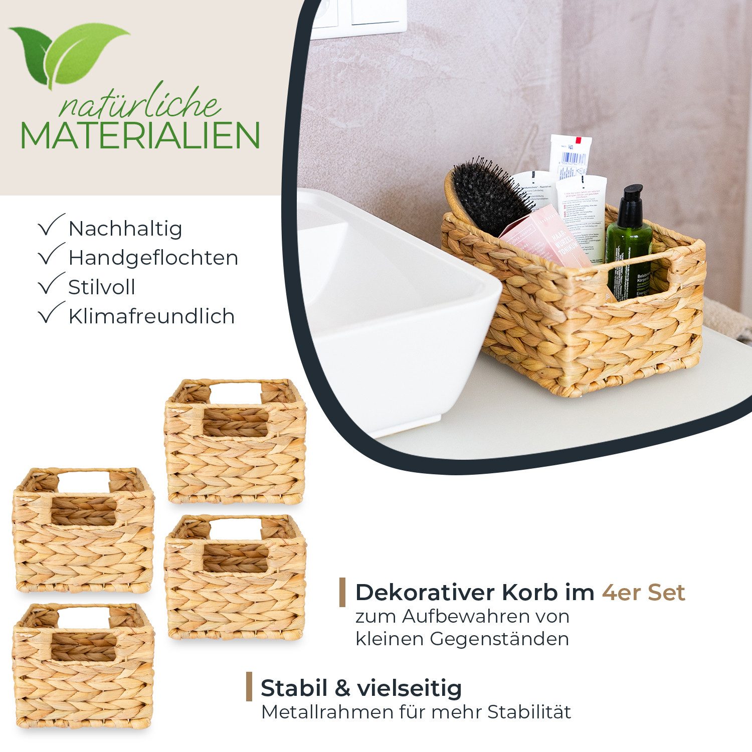 HMF Aufbewahrungskorb Aufbewahrungskorb Wasserhyazinthe, Korb mit Griffen zur Aufbewahrung (4 St., 4er Set), für Badezimmer Küche und Wohnbereich, Größe S, 22 x 17 x 12 cm, Natur