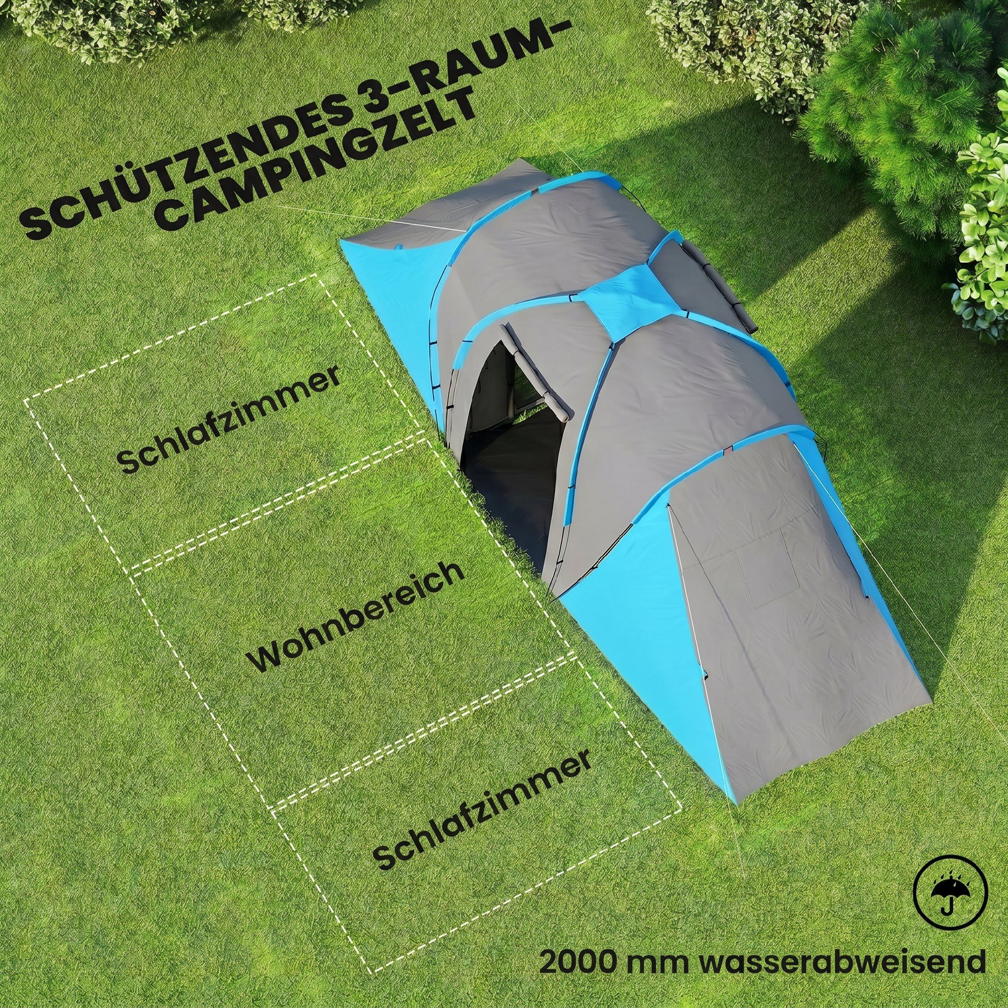 kowdom Tunnelzelt 4 Personen, 2 Schlafkabinen & Wohnraum, 2000mm wasserdicht, Personen: 4 (Gestänge-Stecksystem), Großzügiger Innenraum; Schneller Aufbau; UV-Schutz