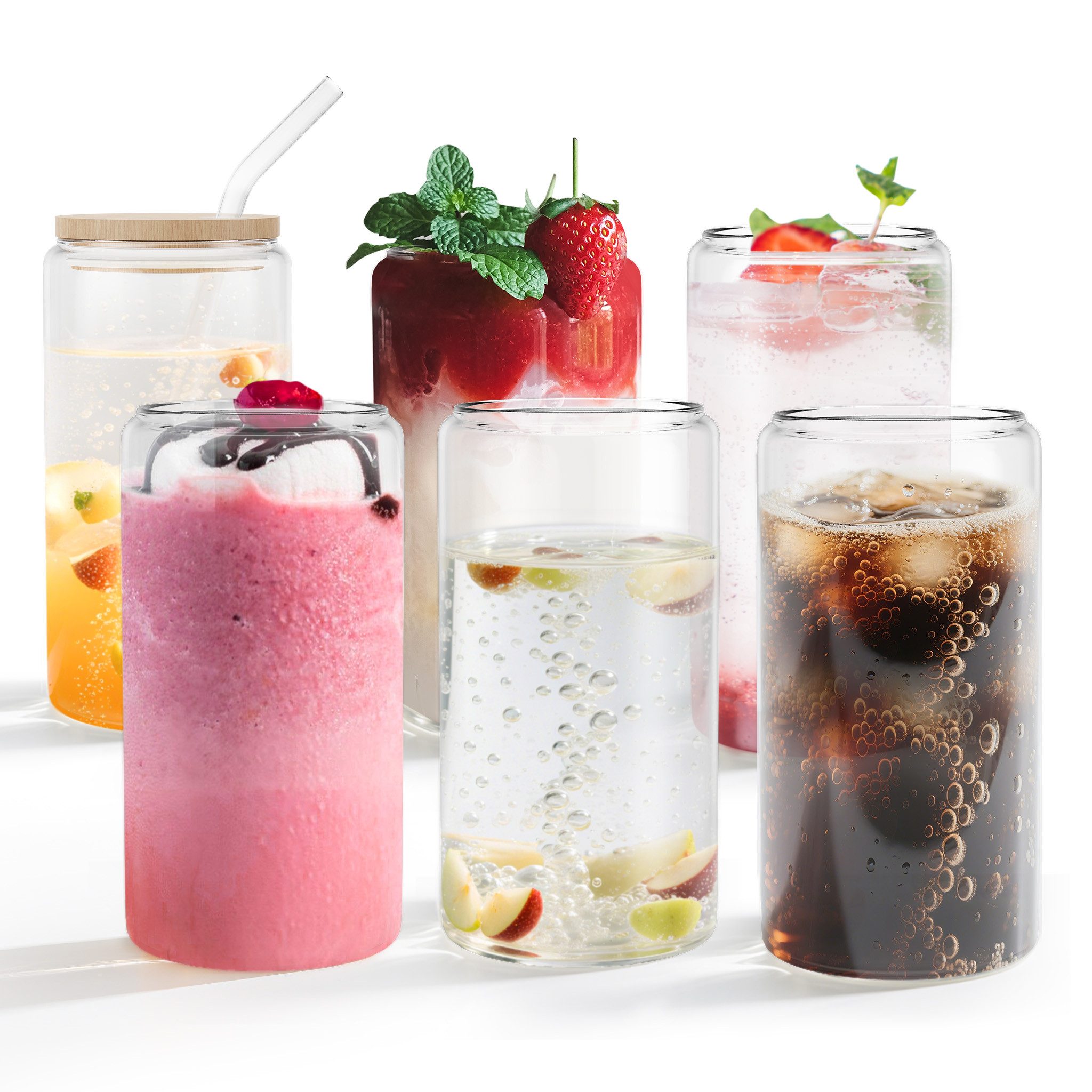 FIVMEN Cocktailglas Gläser Trinkgläser mit Deckel Stroh 550ML Cocktailgläse Wassergläser, 6-tlg., für Smoothie, Latte, Macchiato, Whiskey Familie, Camping, Party, Bar