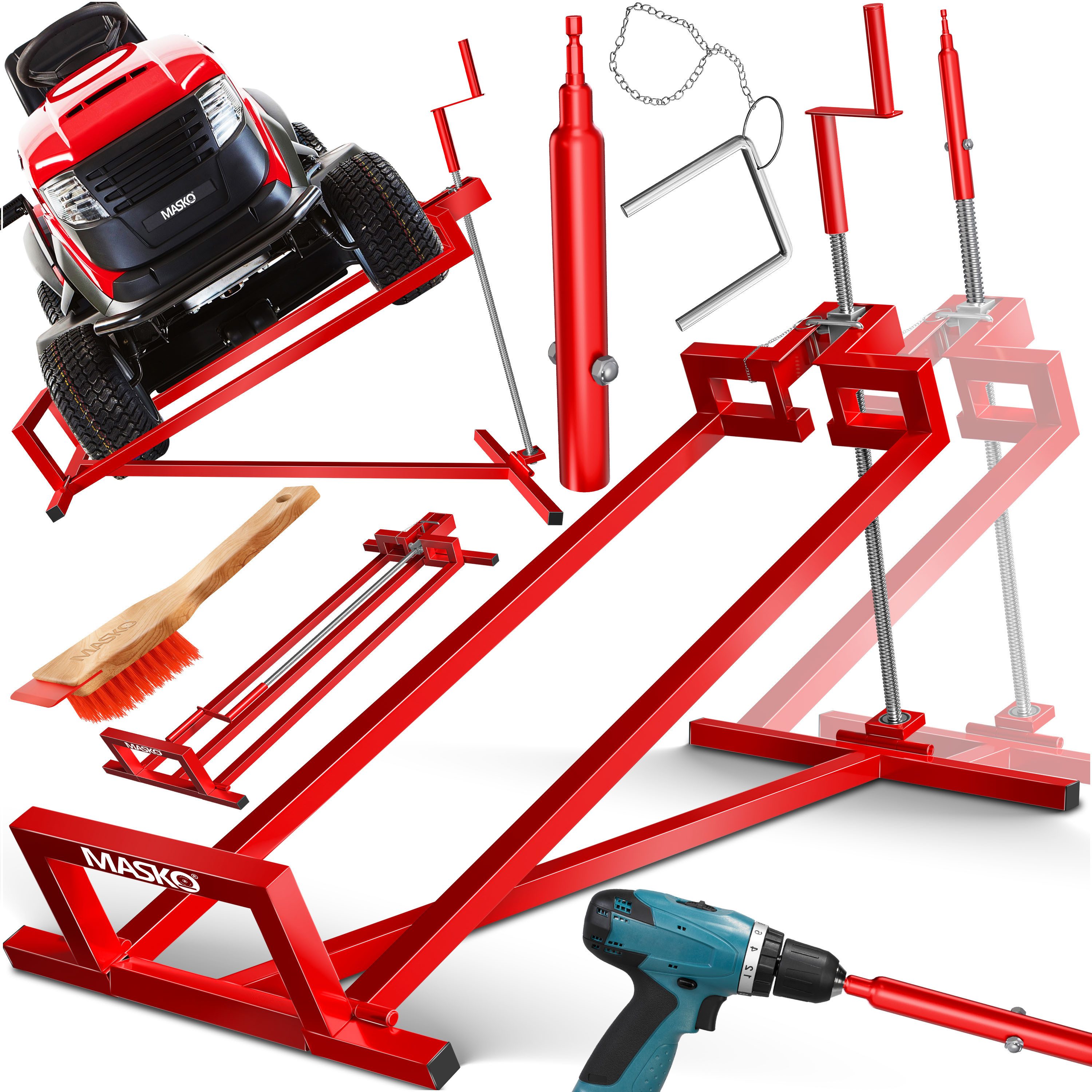 MASKO Rasentraktor Heber 450kg Hebevorrichtung für Aufsitzmäher mit Adapter inkl. Bürste, Rasentraktorheber, universelle Reinigungshilfe, Hebebühne für Quad