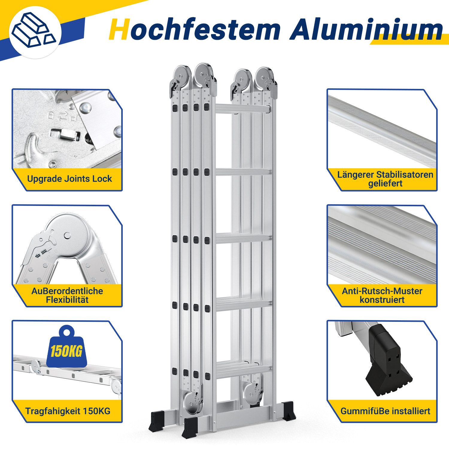 Clanmacy Vielzweckleiter 7 in 1 Multifunktionsleiter Gerüst 468cm Mehrzweckleiter Klappleiter (Multifunktionsleiter, Vielzweckleiter, Gelenkleiter, Universallei – Bild 4 von 5