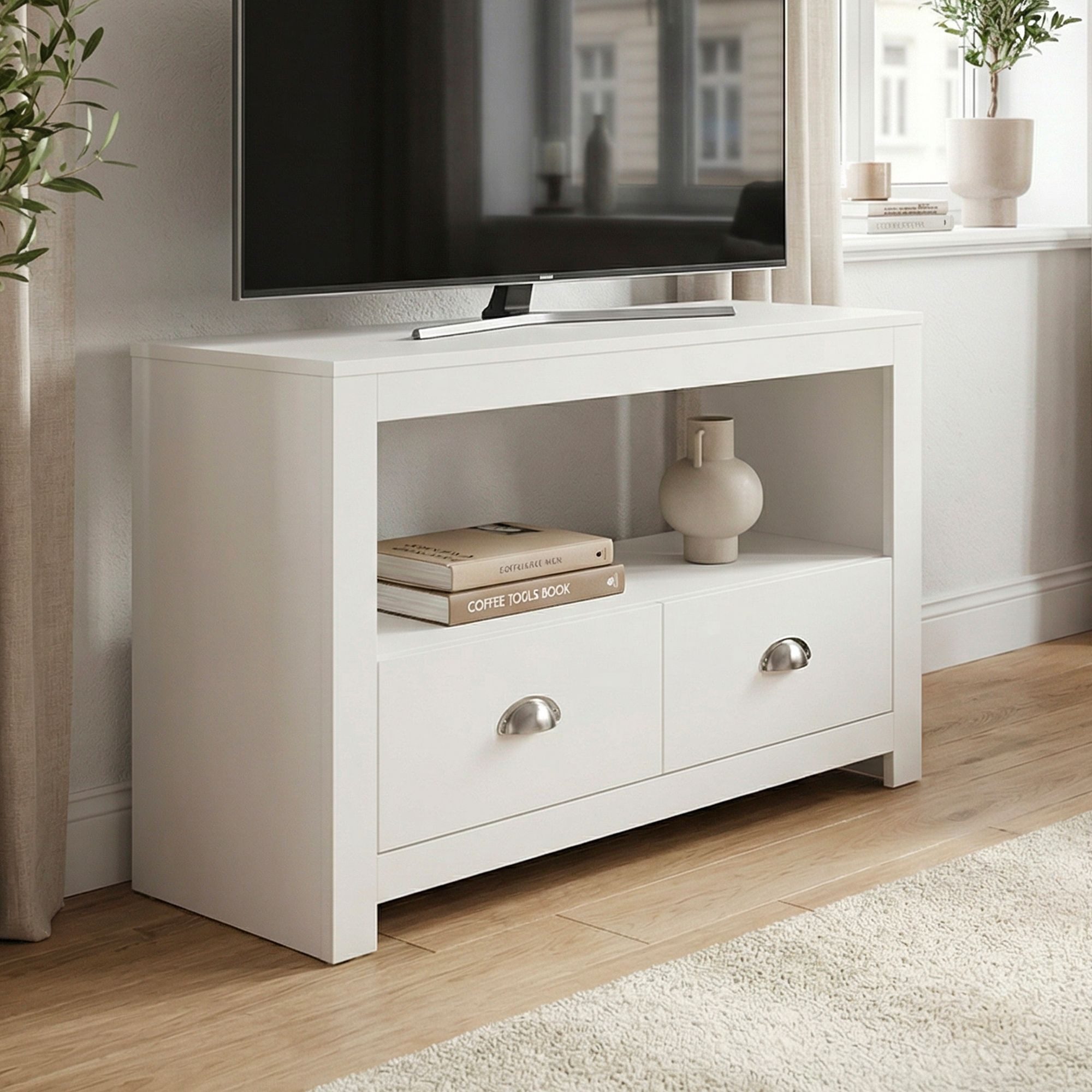 FINEBUY Lowboard FB113949 TV Möbel Weiß 85cm TV Board Fernsehschrank Fernsehkommode (Praktische Aufteilung mit moderner Linienführung), Kompakte Lösung für kleine Wohnbereiche