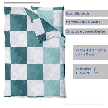 Bettwäsche Biber Bettwäsche 135x200 + 80x80 cm Grün - Weiß kariert, LINKHOFF, 100% Baumwolle, Atmungsaktiv, Mit Reißverschluss, Bettbezug