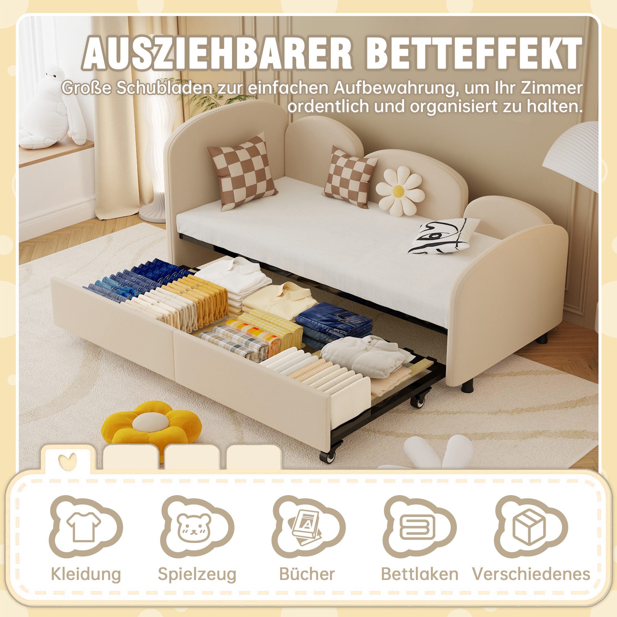 LVHOM Polsterliege 90x200cm,Tagesbett mit Ausziehbett 90x200cm,Stauraum,Samt (Bietet Platz für zwei 90cmx200cm Matratzen, Bettsofa/Kinderbett/Daybett/Schlafsofa – Bild 4 von 5
