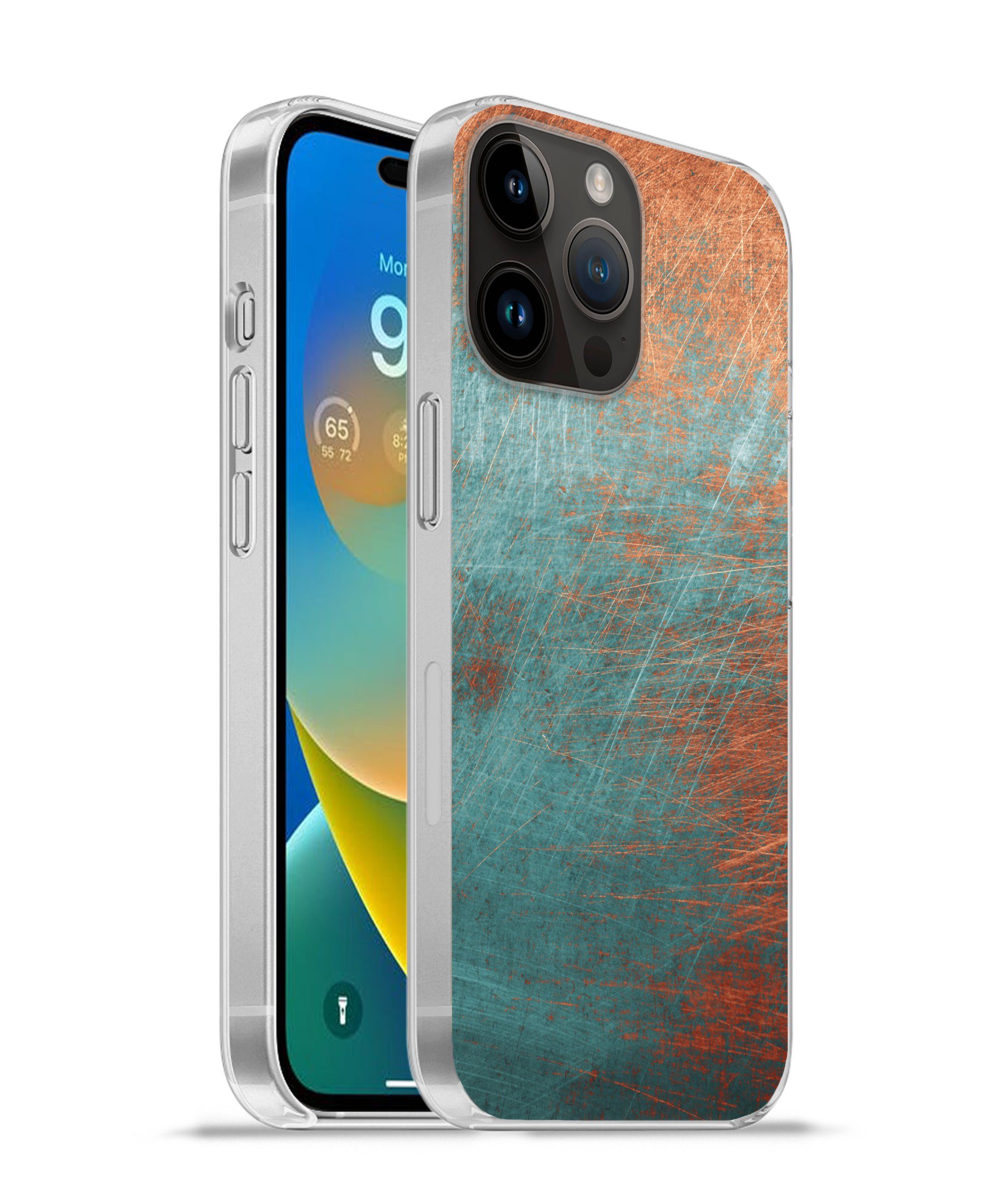 MuchoWow Handyhülle für Apple iPhone 14 Pro Metall - Rost - Bronze - Blau - Abstrakt - Str, Smartphone-Bumper, Print, Handy Schutzhülle Dünn