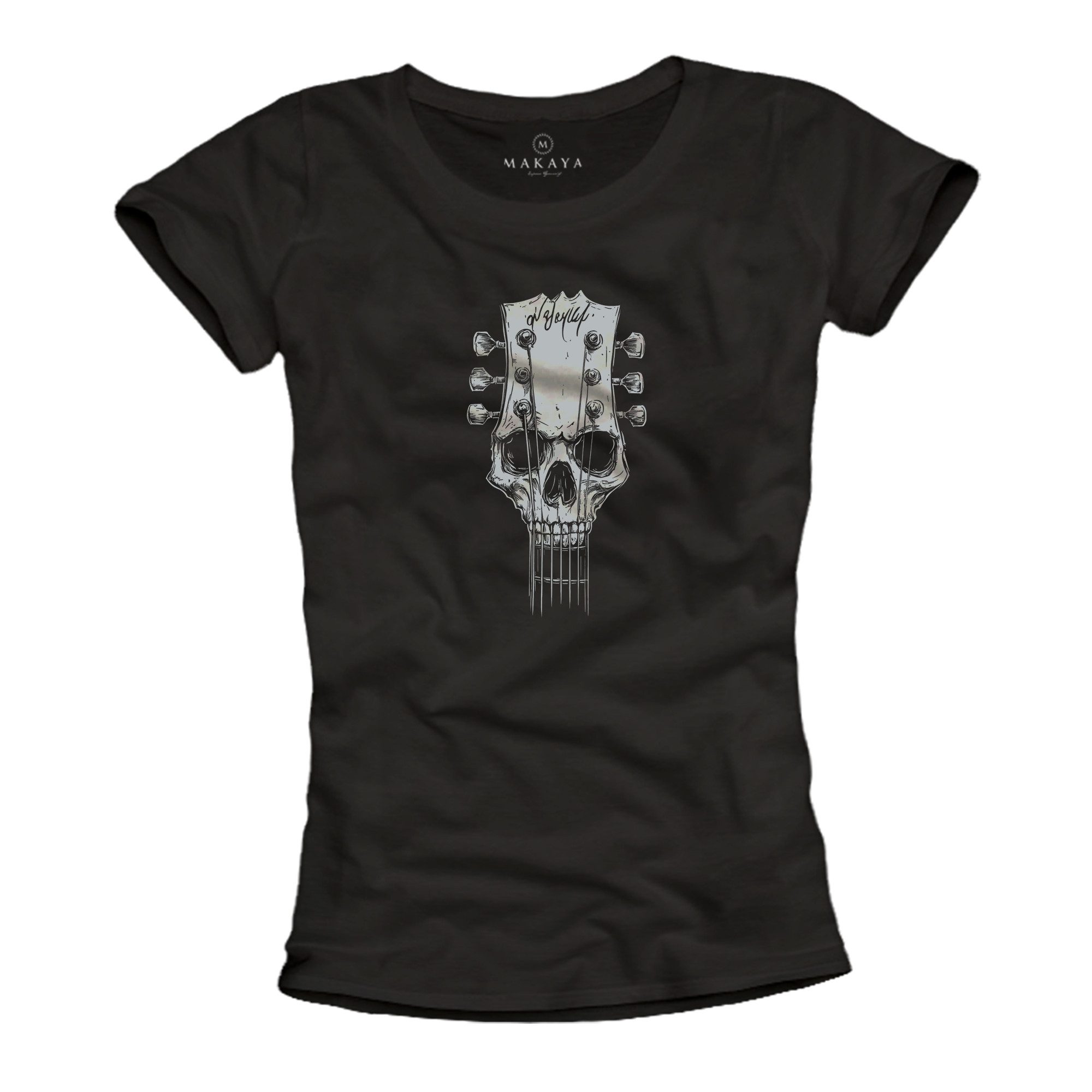 MAKAYA Print-Shirt Schwarzes Damen Top mit Skull & Gitarre – Geschenk für Musikfans (Schwarz, S, M, L, XL) Baumwolle